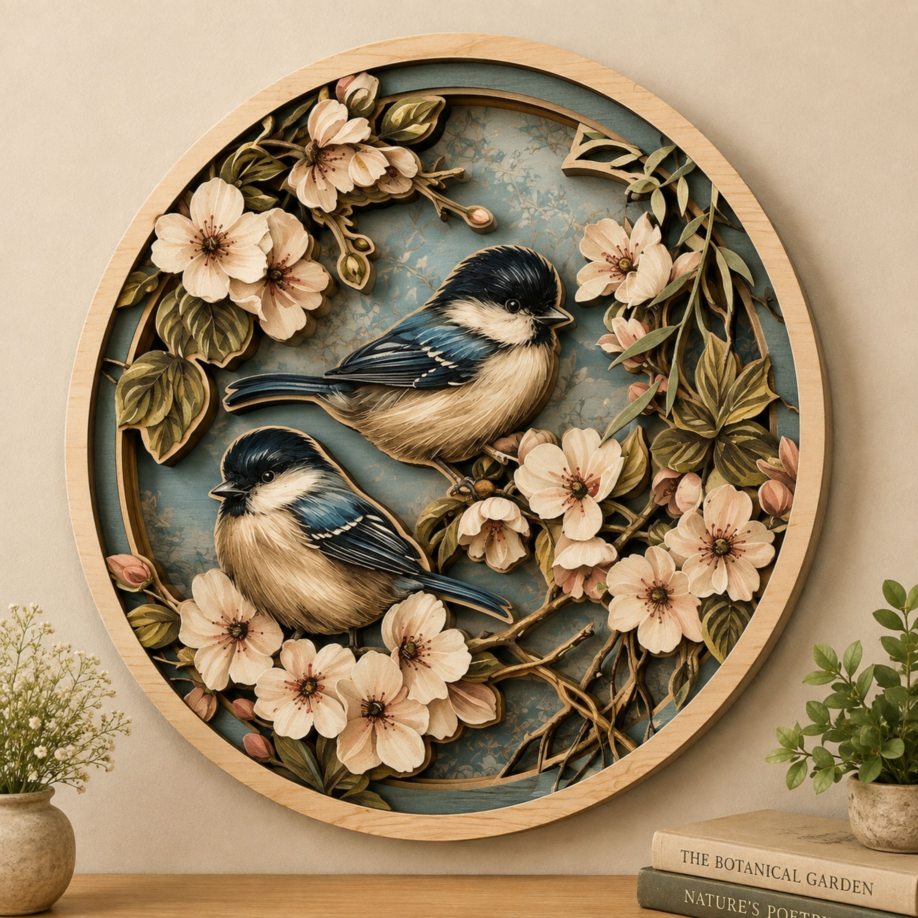 Chickadee Blossom Garden Wooden Sign - Cottagecore Botanical Bird Wall Decor
