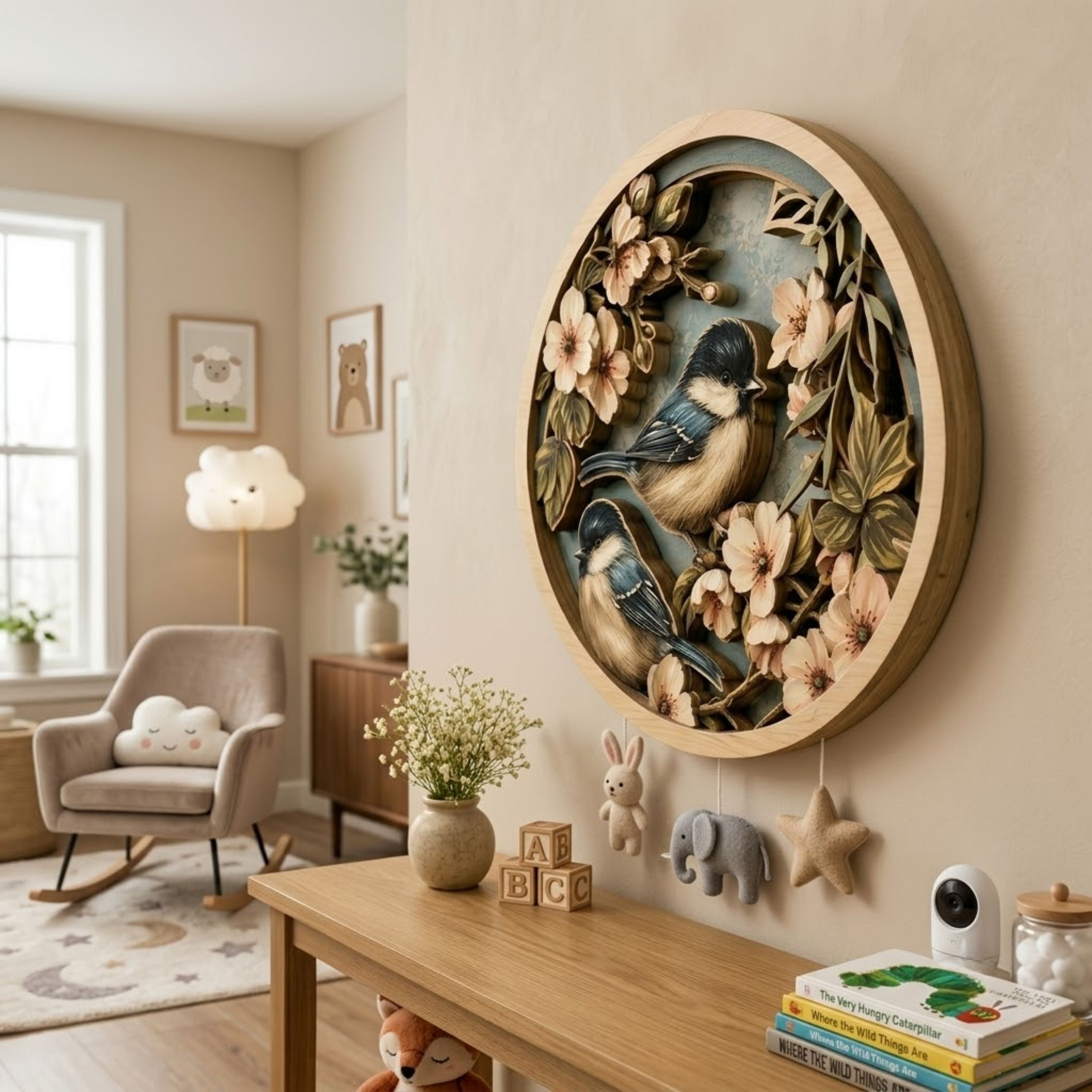 Chickadee Blossom Garden Wooden Sign - Cottagecore Botanical Bird Wall Decor