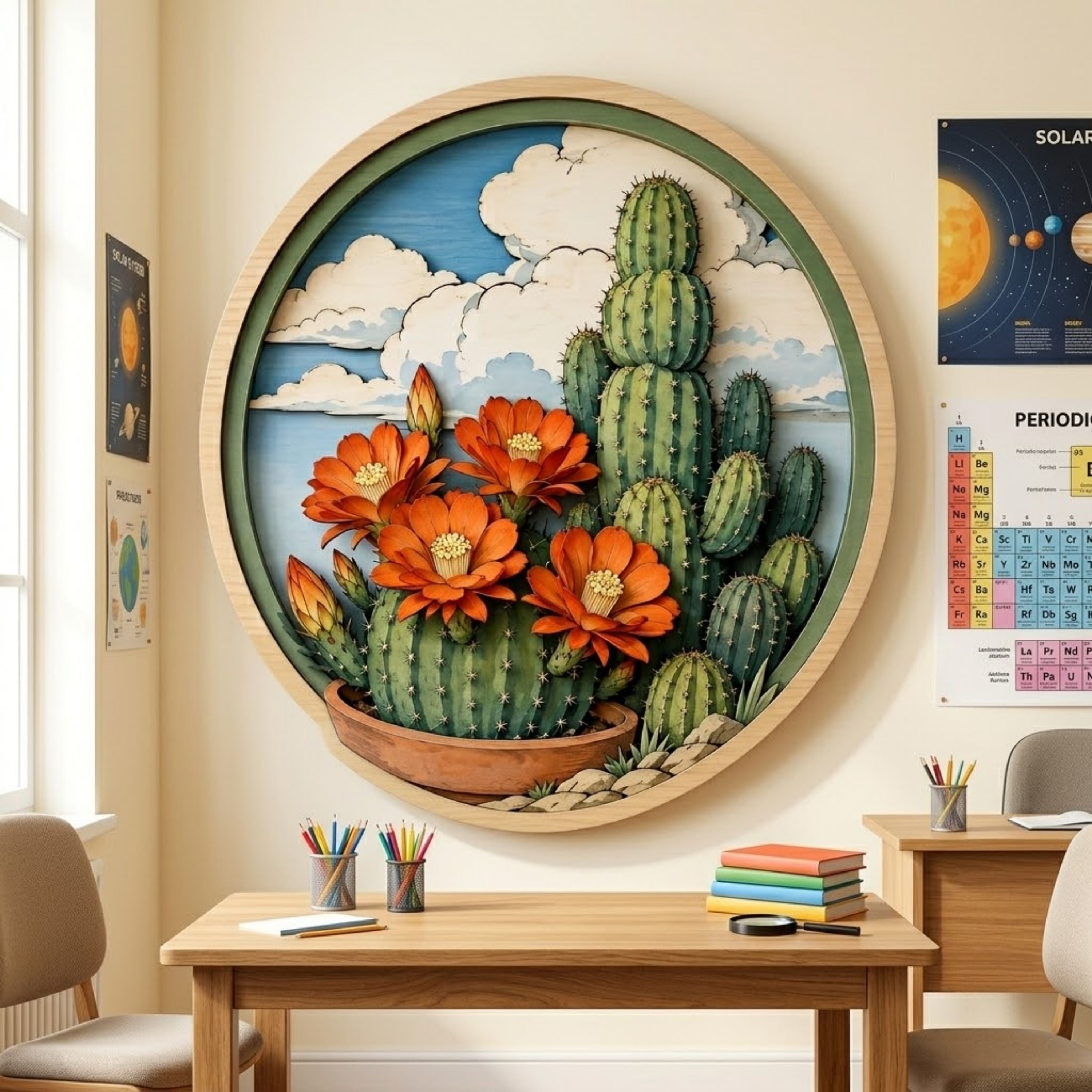 Blooming Cactus Desert Garden Wooden Sign - Southwestern Botanical Wall Decor