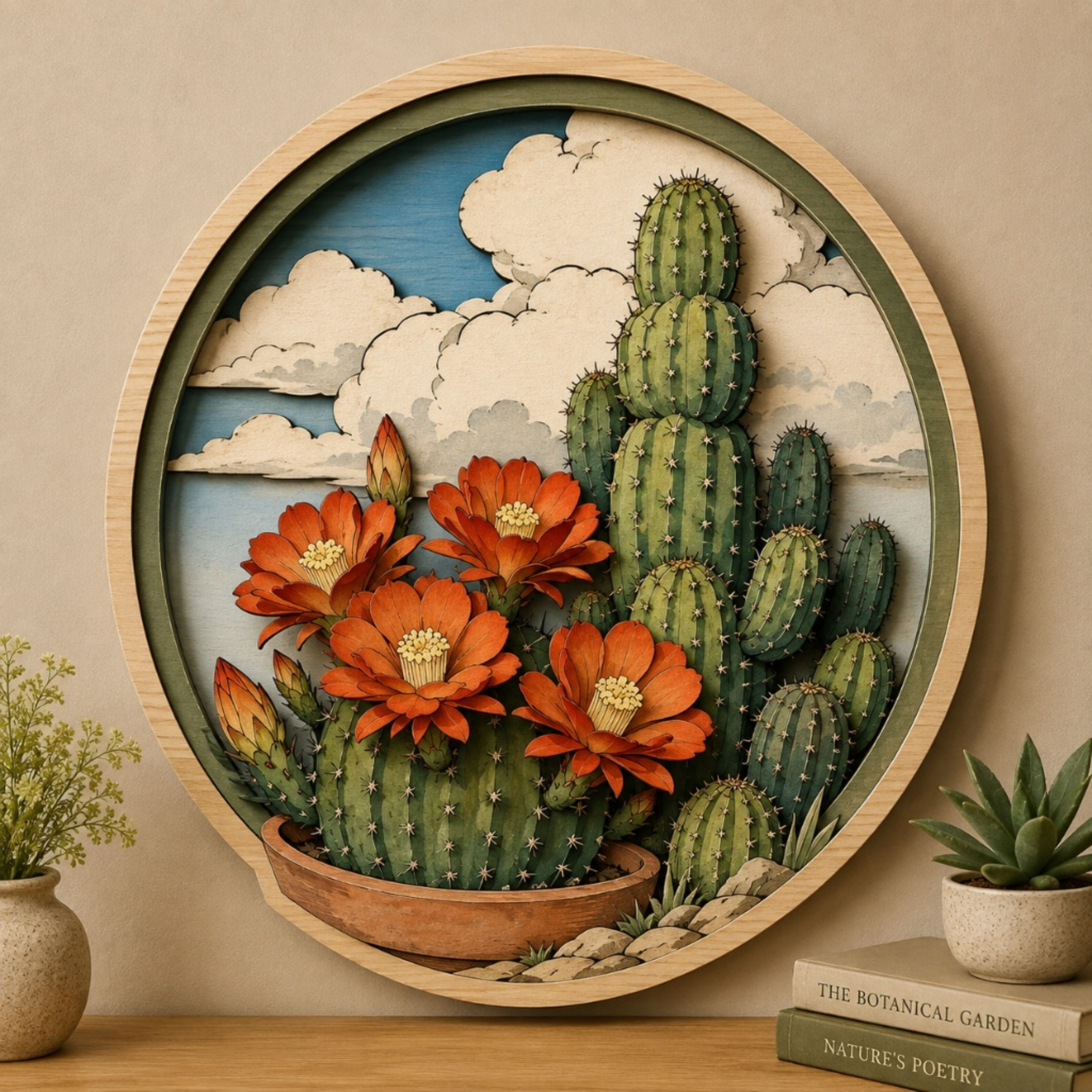 Blooming Cactus Desert Garden Wooden Sign - Southwestern Botanical Wall Decor