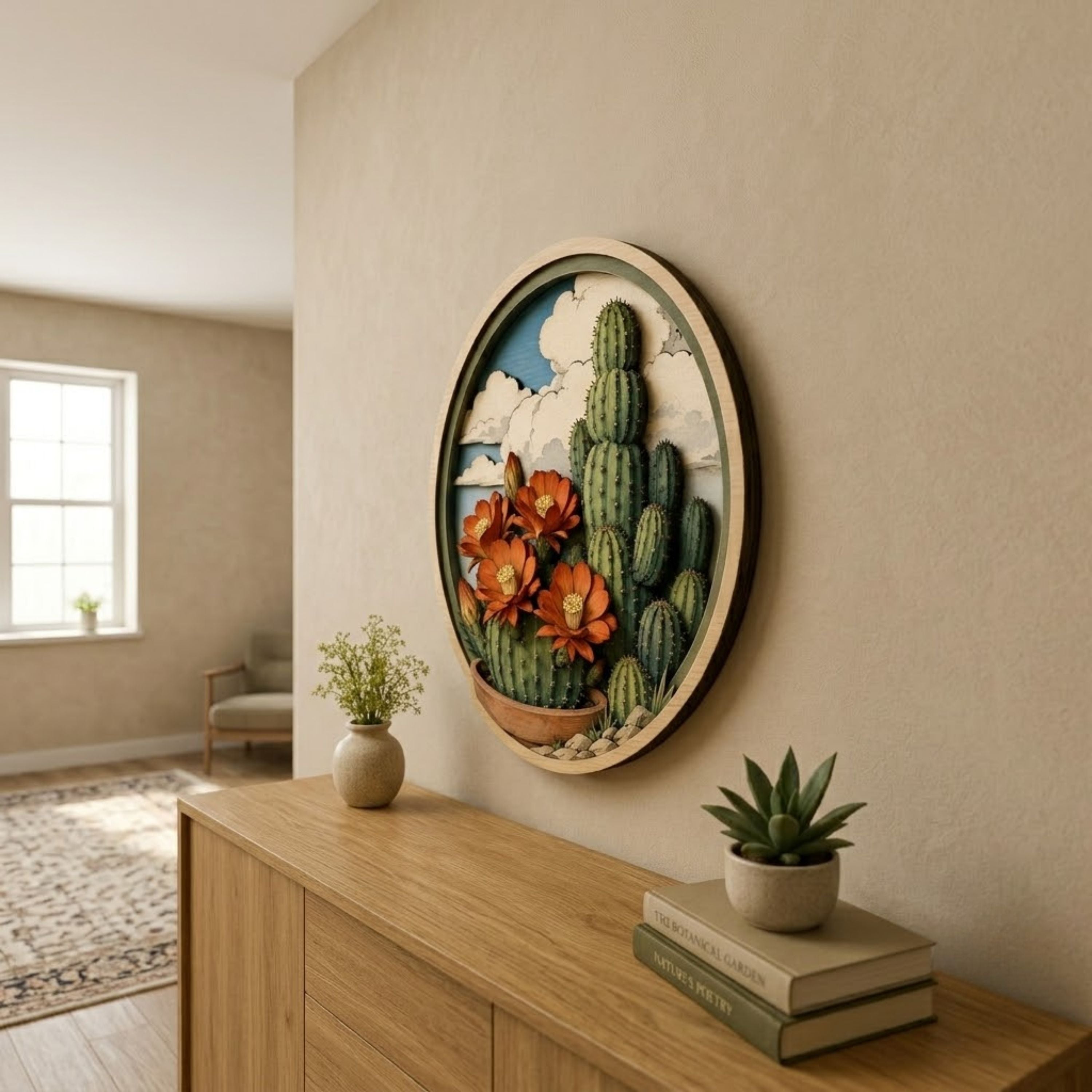 Blooming Cactus Desert Garden Wooden Sign - Southwestern Botanical Wall Decor