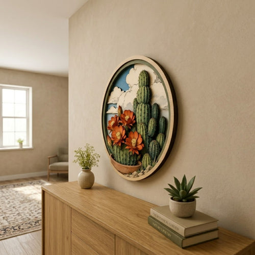 Blooming Cactus Desert Garden Wooden Sign - Southwestern Botanical Wall Decor