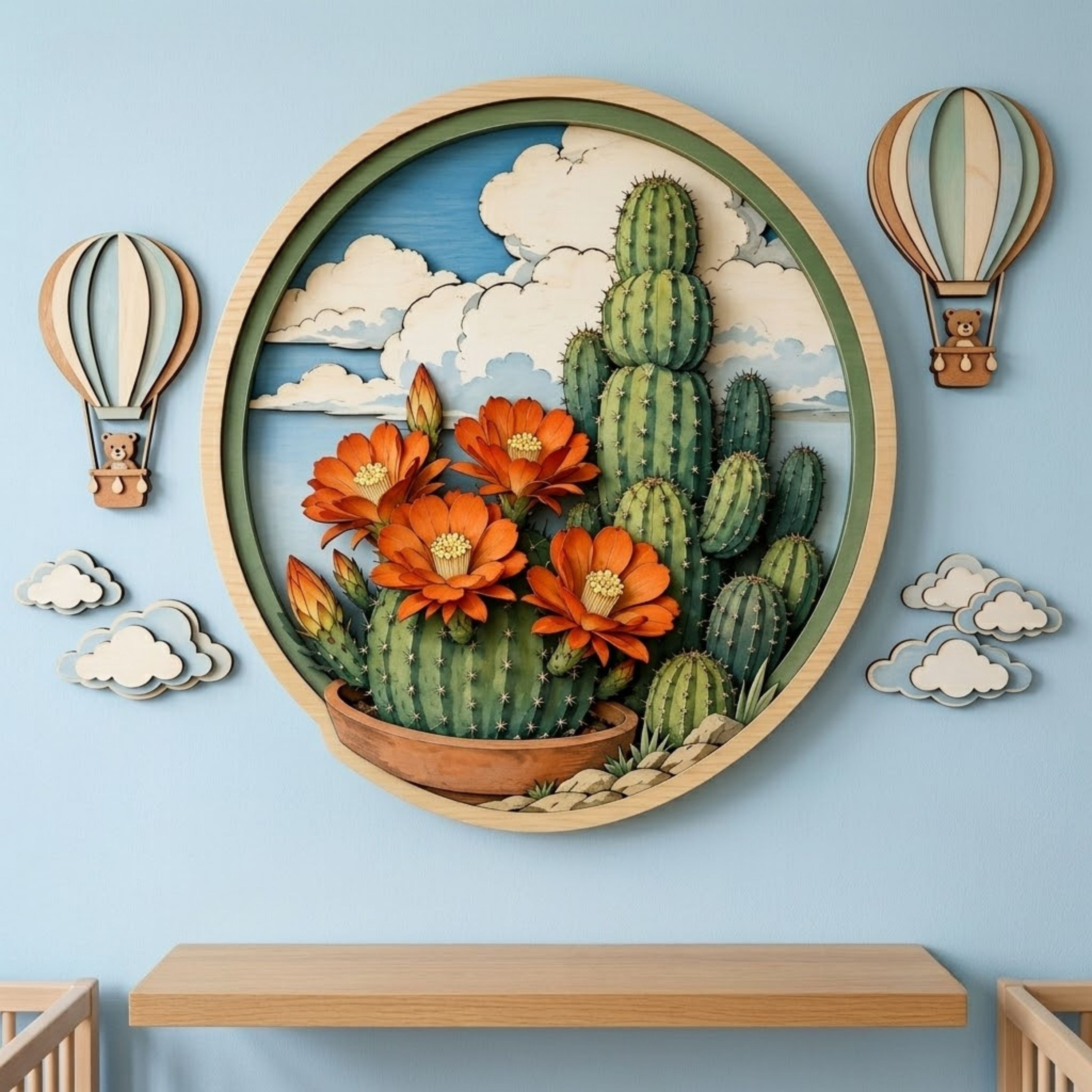 Blooming Cactus Desert Garden Wooden Sign - Southwestern Botanical Wall Decor