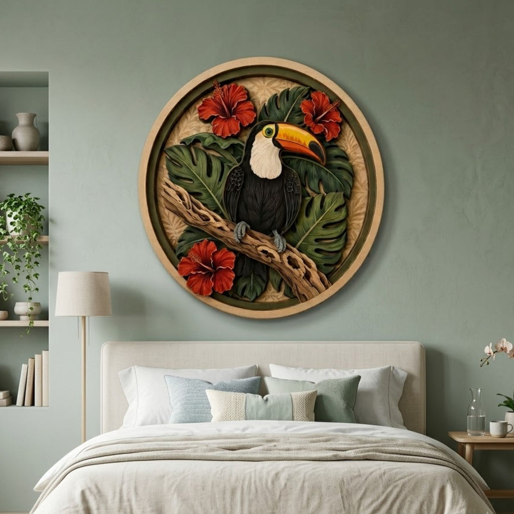 Toucan Hibiscus Tropical Wooden Sign - Botanical Jungle Bird Wall Decor