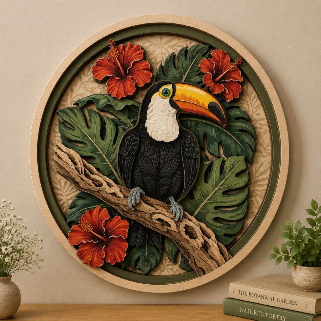 Toucan Hibiscus Tropical Wooden Sign - Botanical Jungle Bird Wall Decor