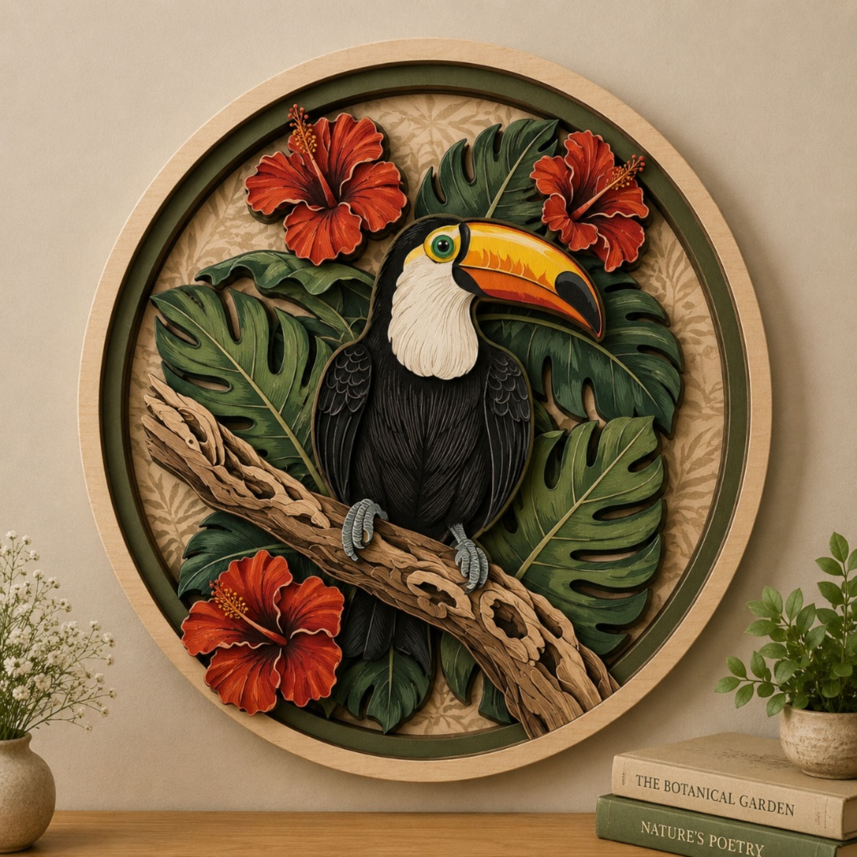 Toucan Hibiscus Tropical Wooden Sign - Botanical Jungle Bird Wall Decor