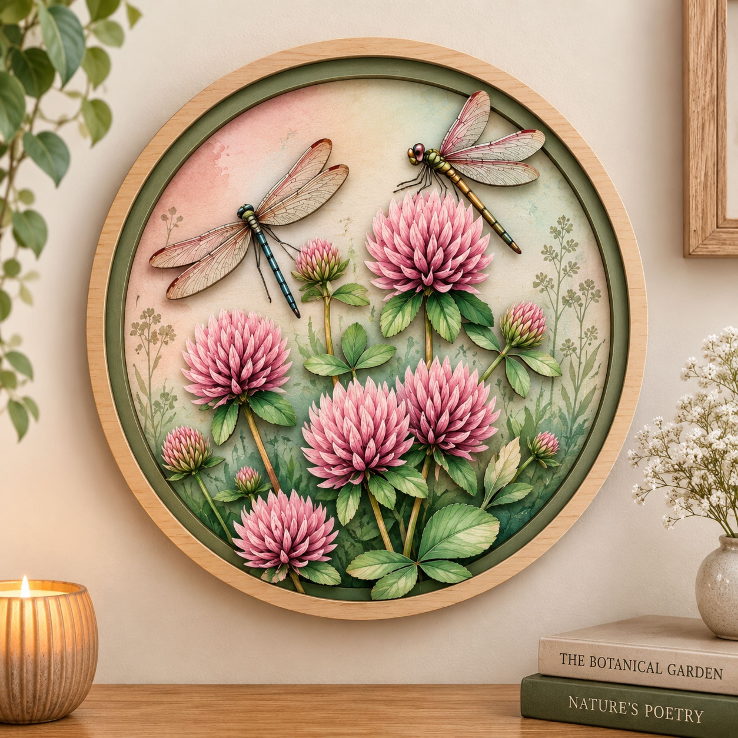 Pink Clover Dragonfly Wooden Sign - Cottagecore Botanical Garden Wall Decor