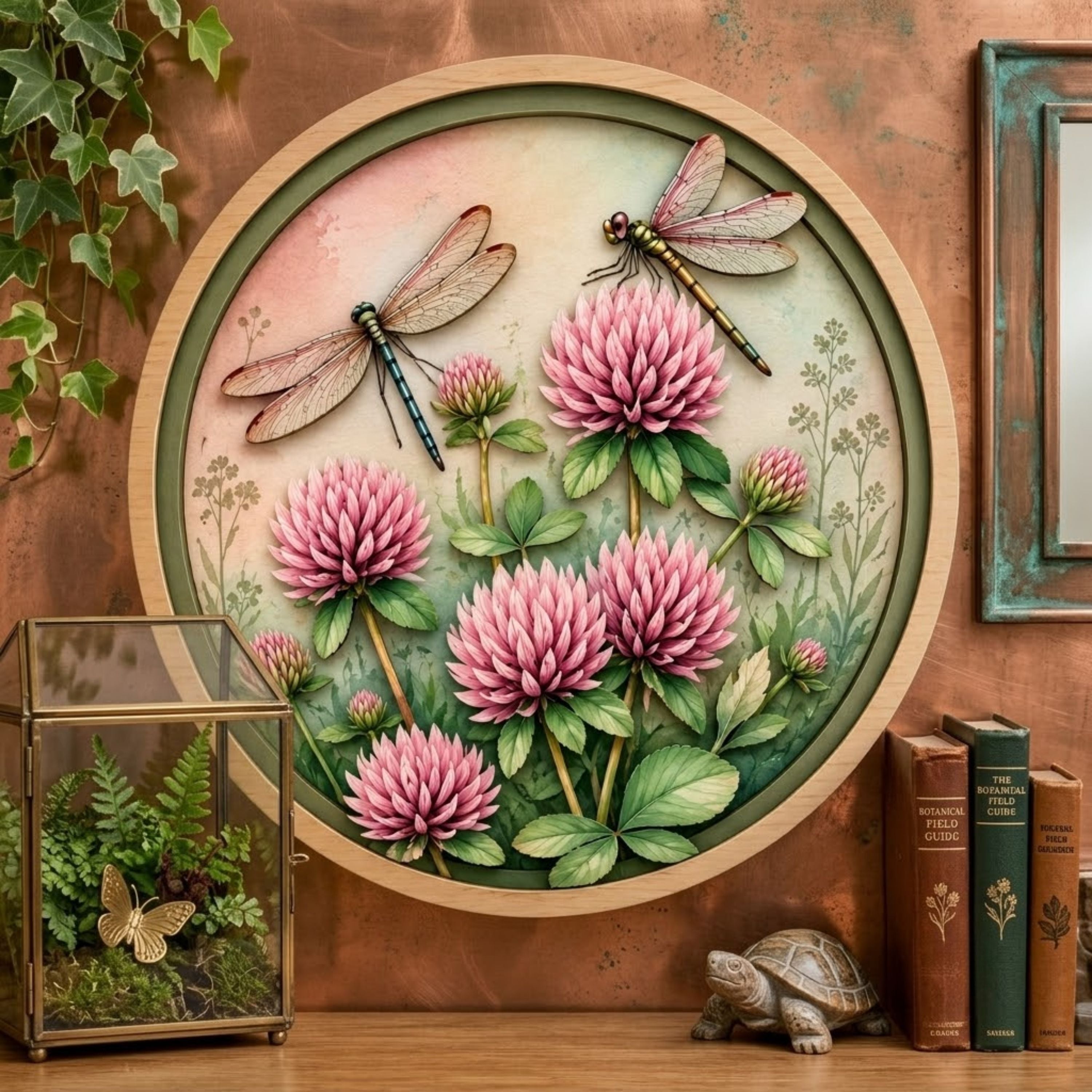 Pink Clover Dragonfly Wooden Sign - Cottagecore Botanical Garden Wall Decor