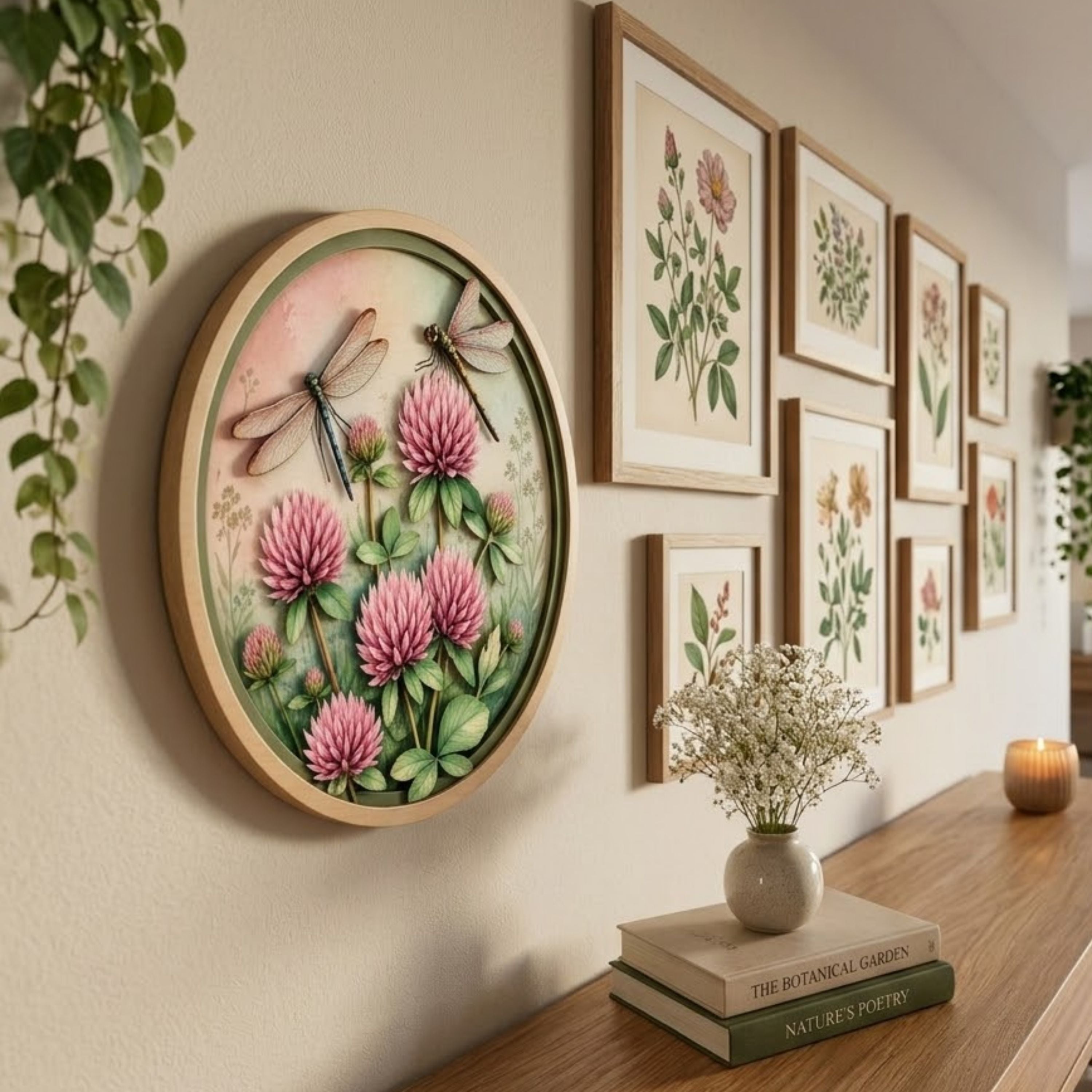 Pink Clover Dragonfly Wooden Sign - Cottagecore Botanical Garden Wall Decor