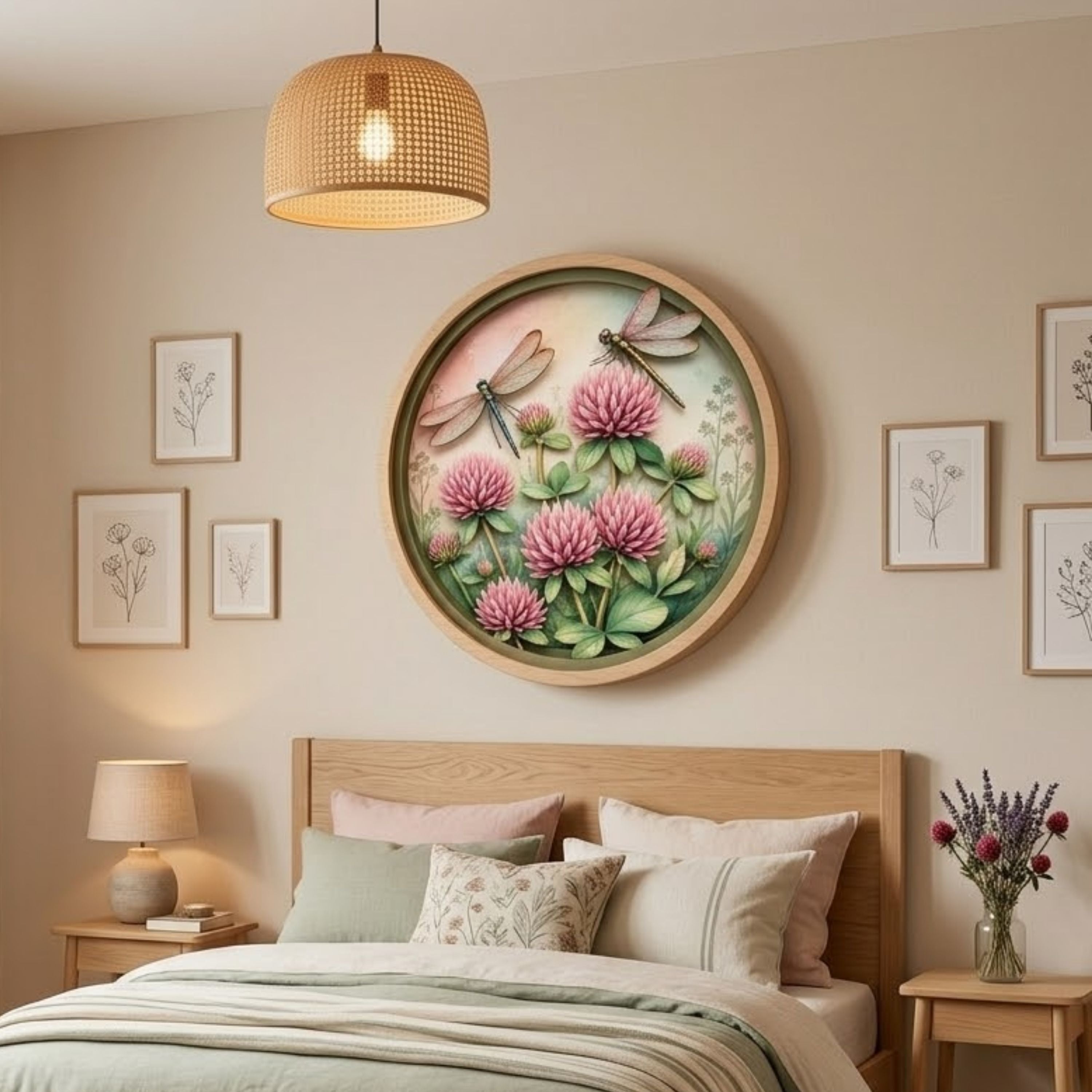 Pink Clover Dragonfly Wooden Sign - Cottagecore Botanical Garden Wall Decor