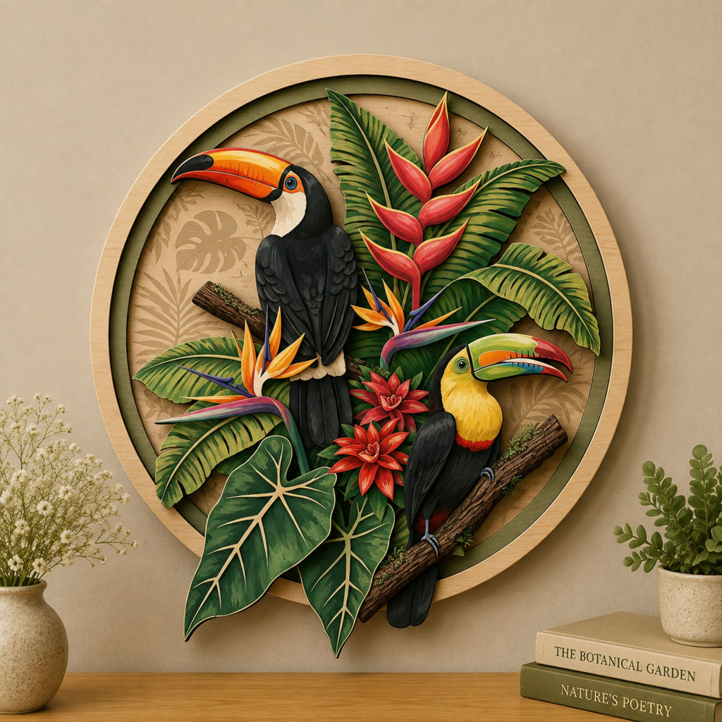 Tropical Toucan Garden Wooden Sign - Botanical Jungle Bird Wall Decor
