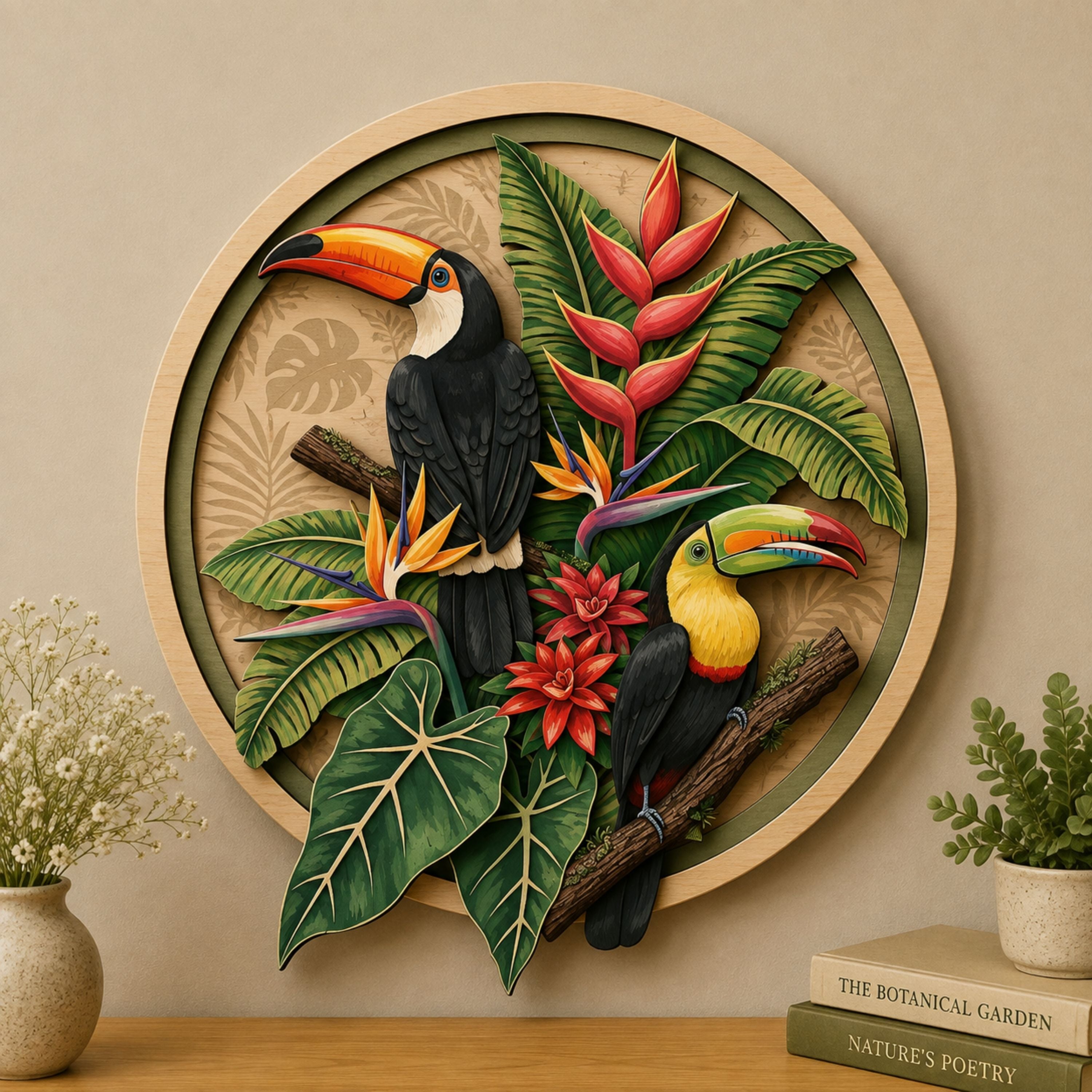 Tropical Toucan Garden Wooden Sign - Botanical Jungle Bird Wall Decor