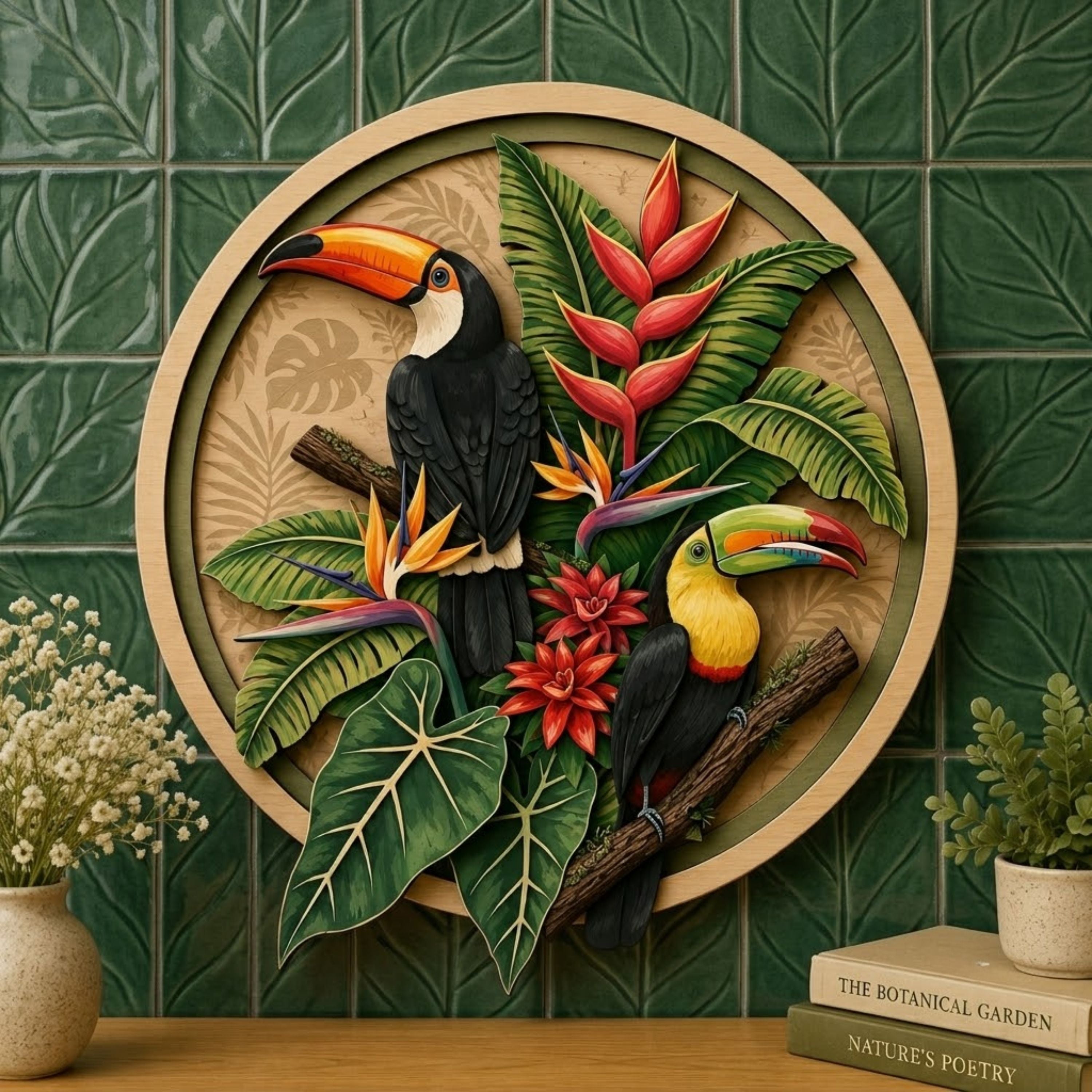 Tropical Toucan Garden Wooden Sign - Botanical Jungle Bird Wall Decor