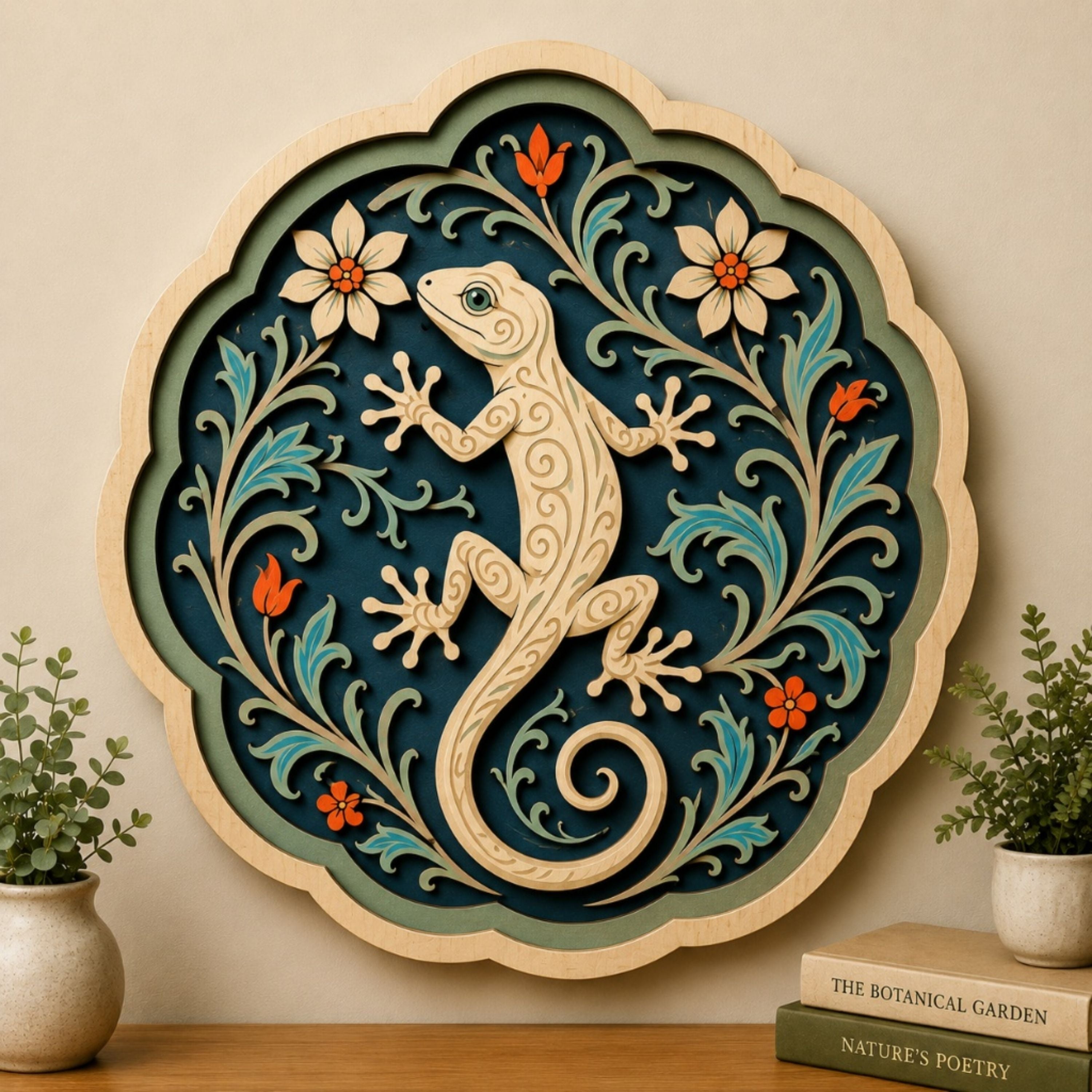 Botanical Gecko Floral Wooden Sign - Boho Tropical Lizard Wall Decor