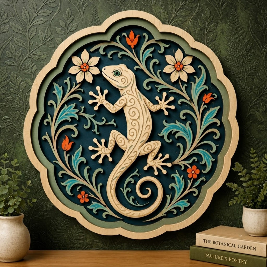Botanical Gecko Floral Wooden Sign - Boho Tropical Lizard Wall Decor