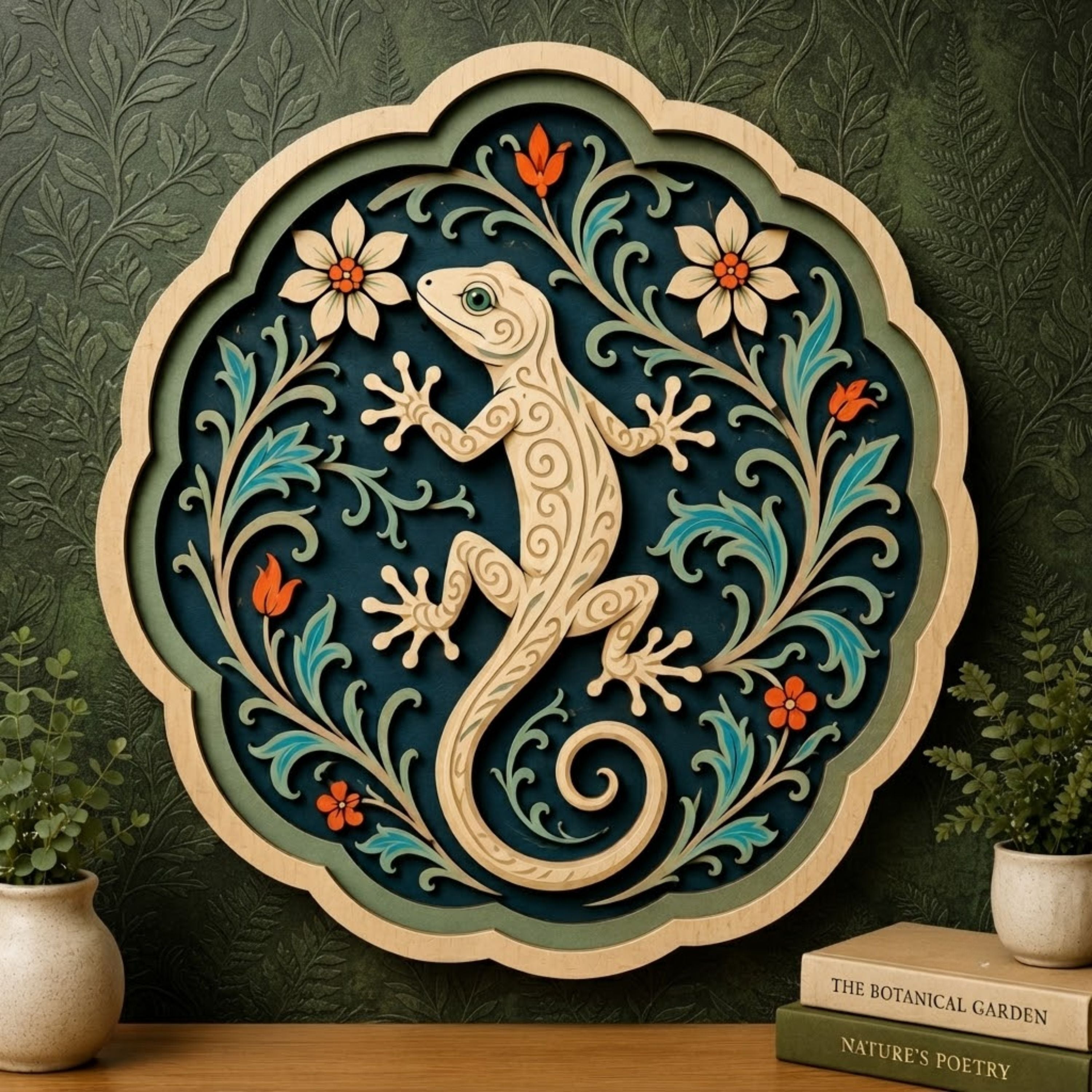 Botanical Gecko Floral Wooden Sign - Boho Tropical Lizard Wall Decor