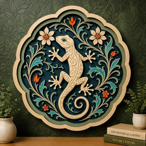 Botanical Gecko Floral Wooden Sign - Boho Tropical Lizard Wall Decor
