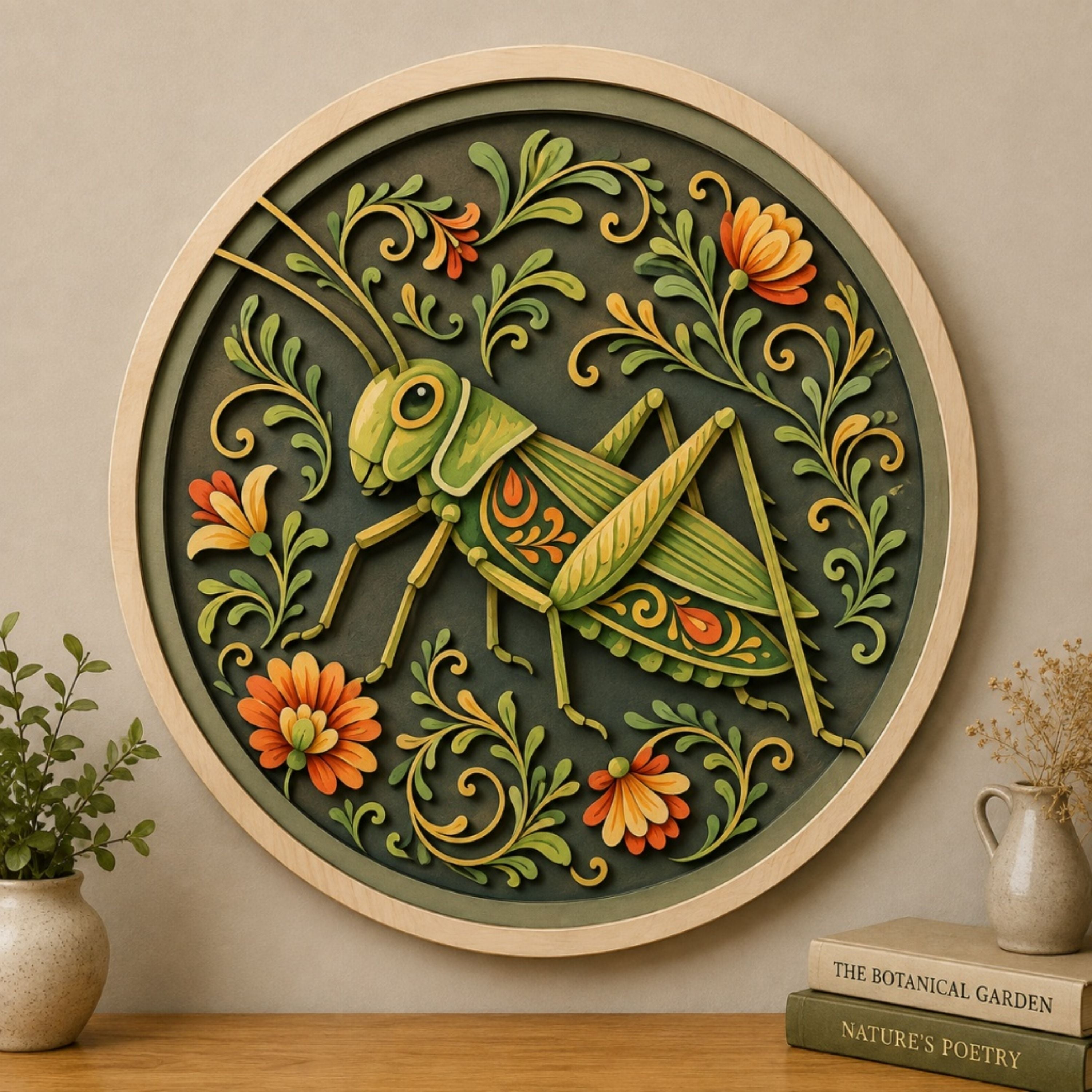 Floral Grasshopper Wooden Sign - Botanical Cottagecore Insect Wall Decor