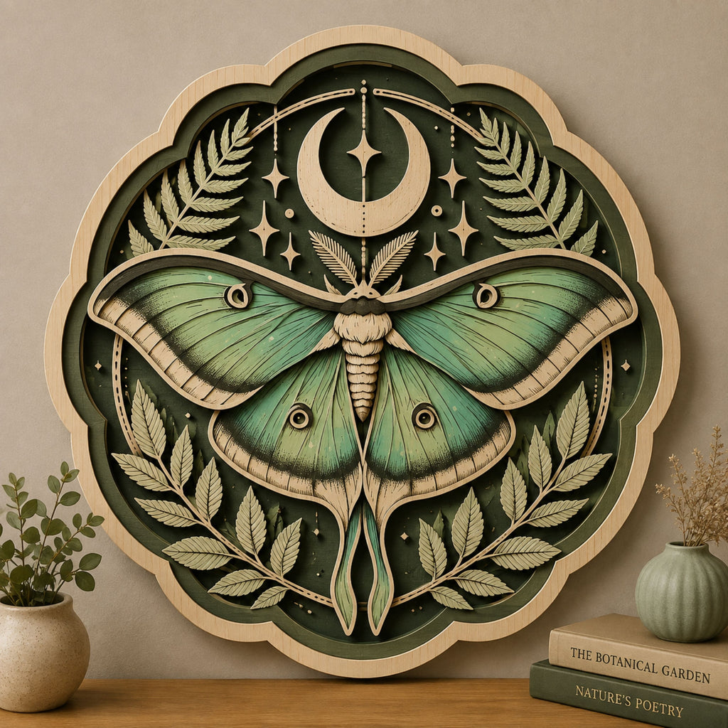 Celestial Luna Moth Wooden Sign - Botanical Moon and Stars Wall Decor