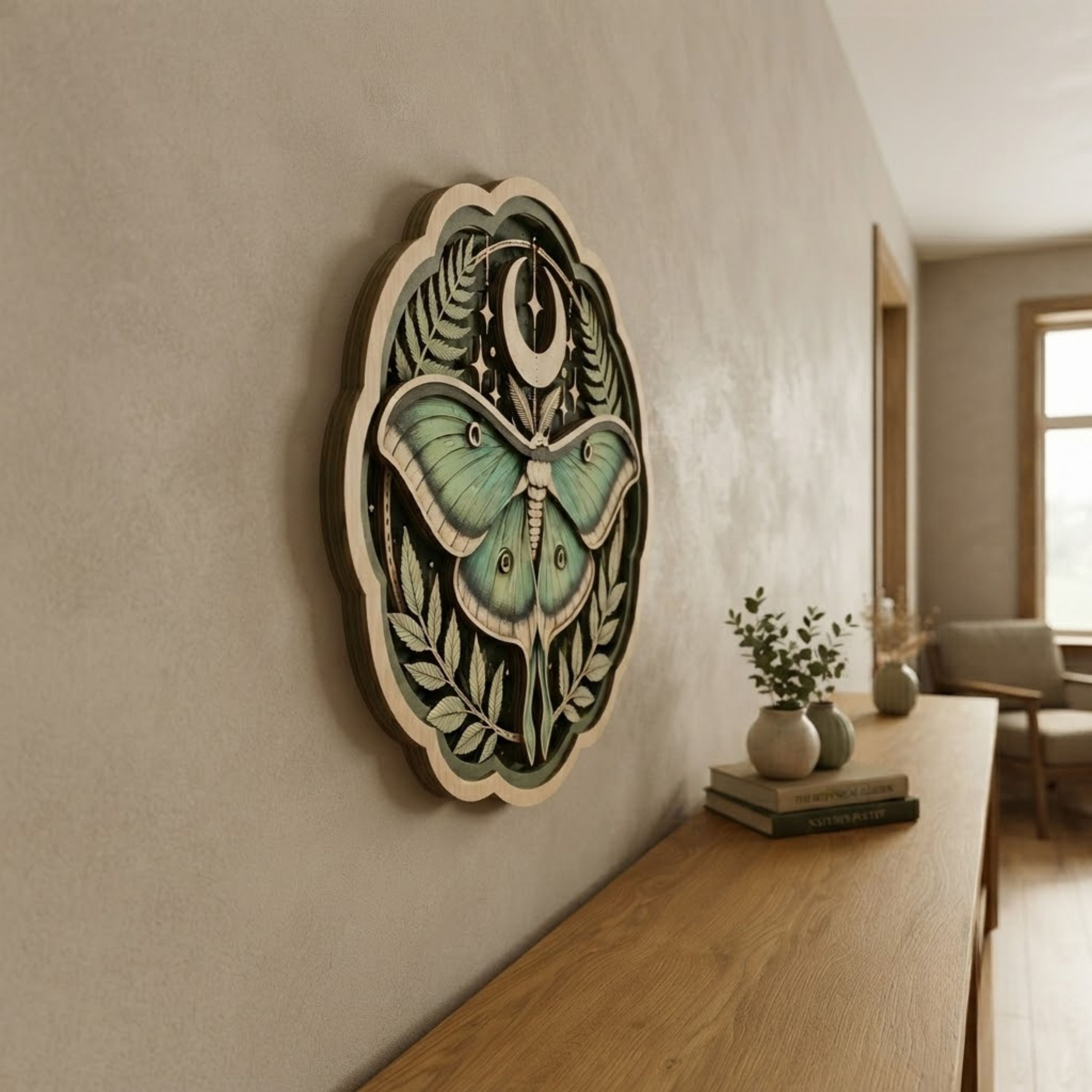 Celestial Luna Moth Wooden Sign - Botanical Moon and Stars Wall Decor