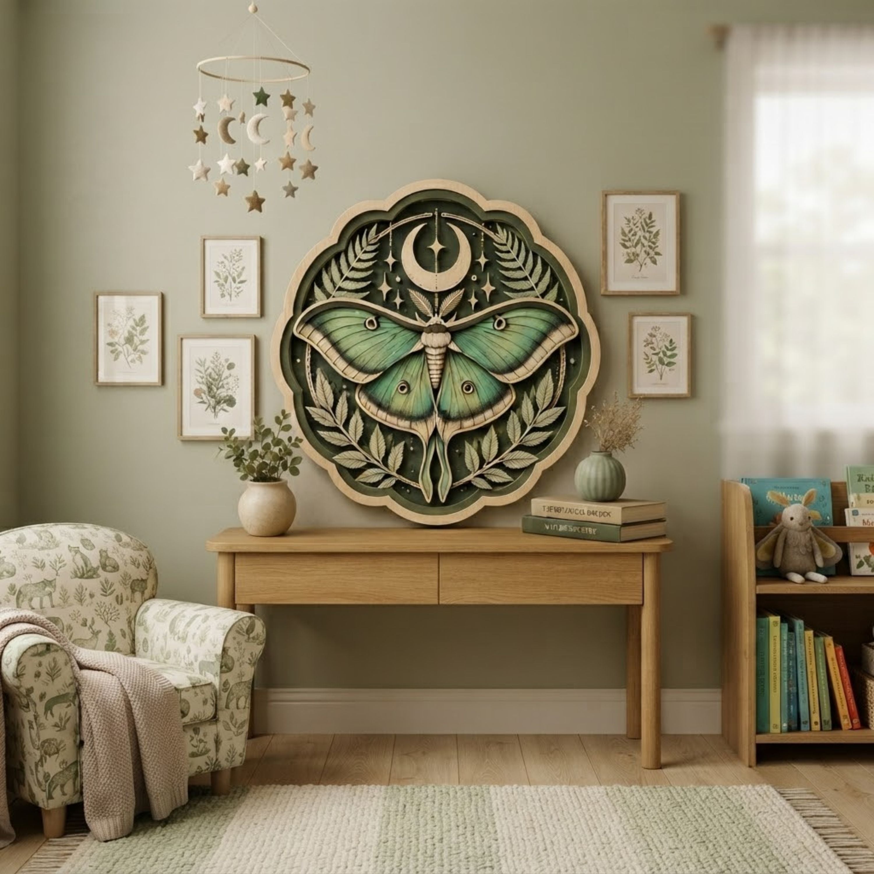 Celestial Luna Moth Wooden Sign - Botanical Moon and Stars Wall Decor