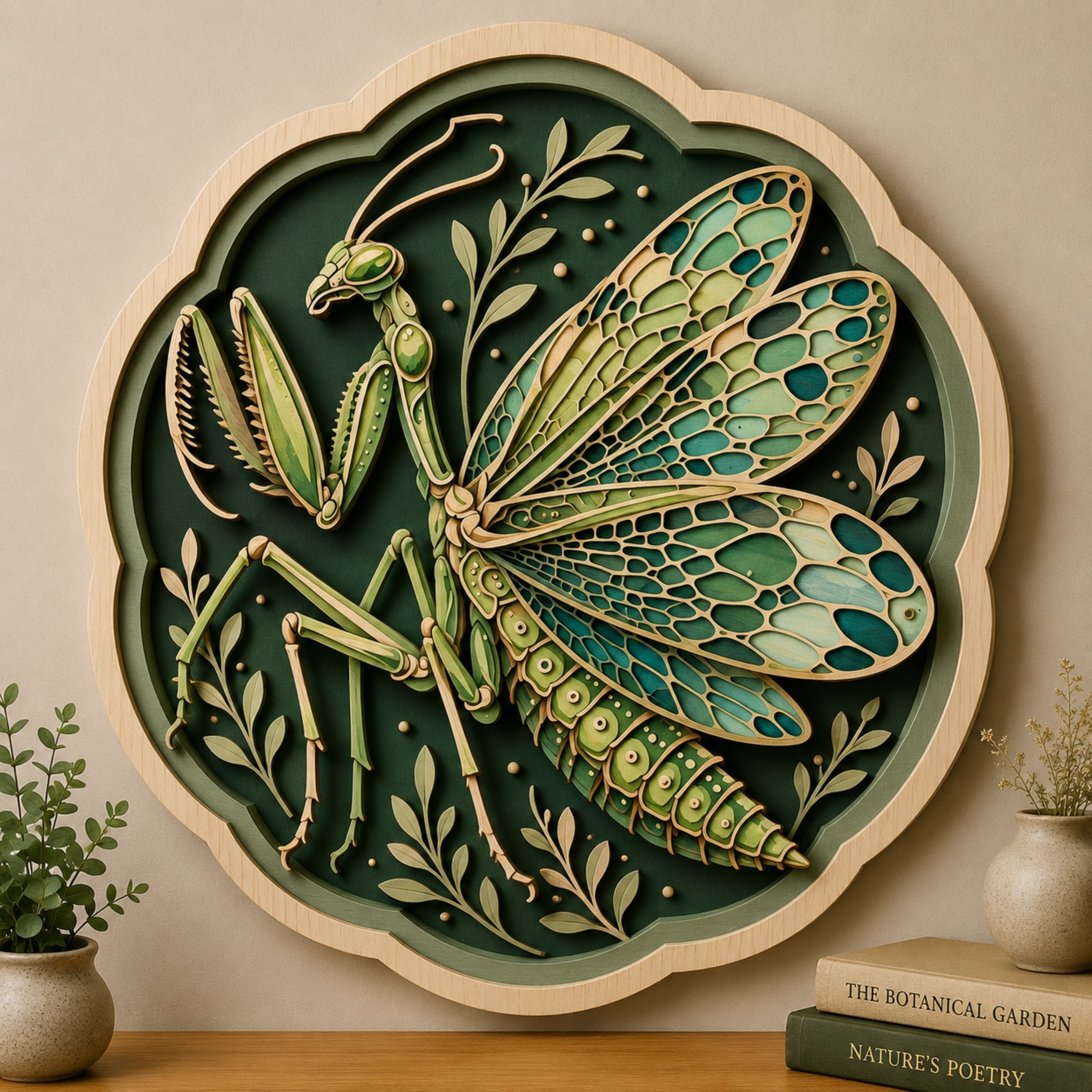 Winged Praying Mantis Wooden Sign - Botanical Cottagecore Insect Wall Decor