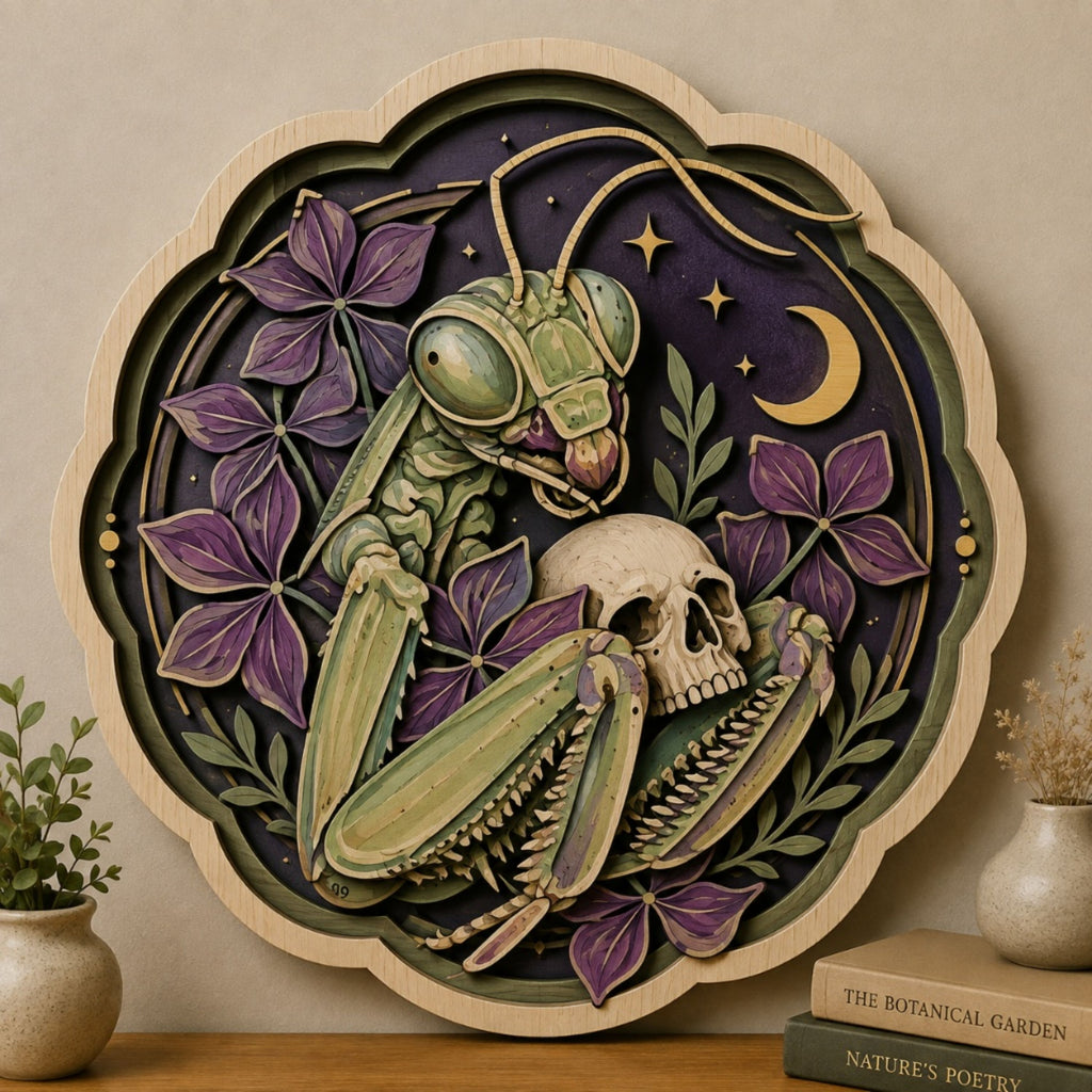 Gothic Praying Mantis Skull Wooden Sign - Dark Botanical Celestial Wall Decor