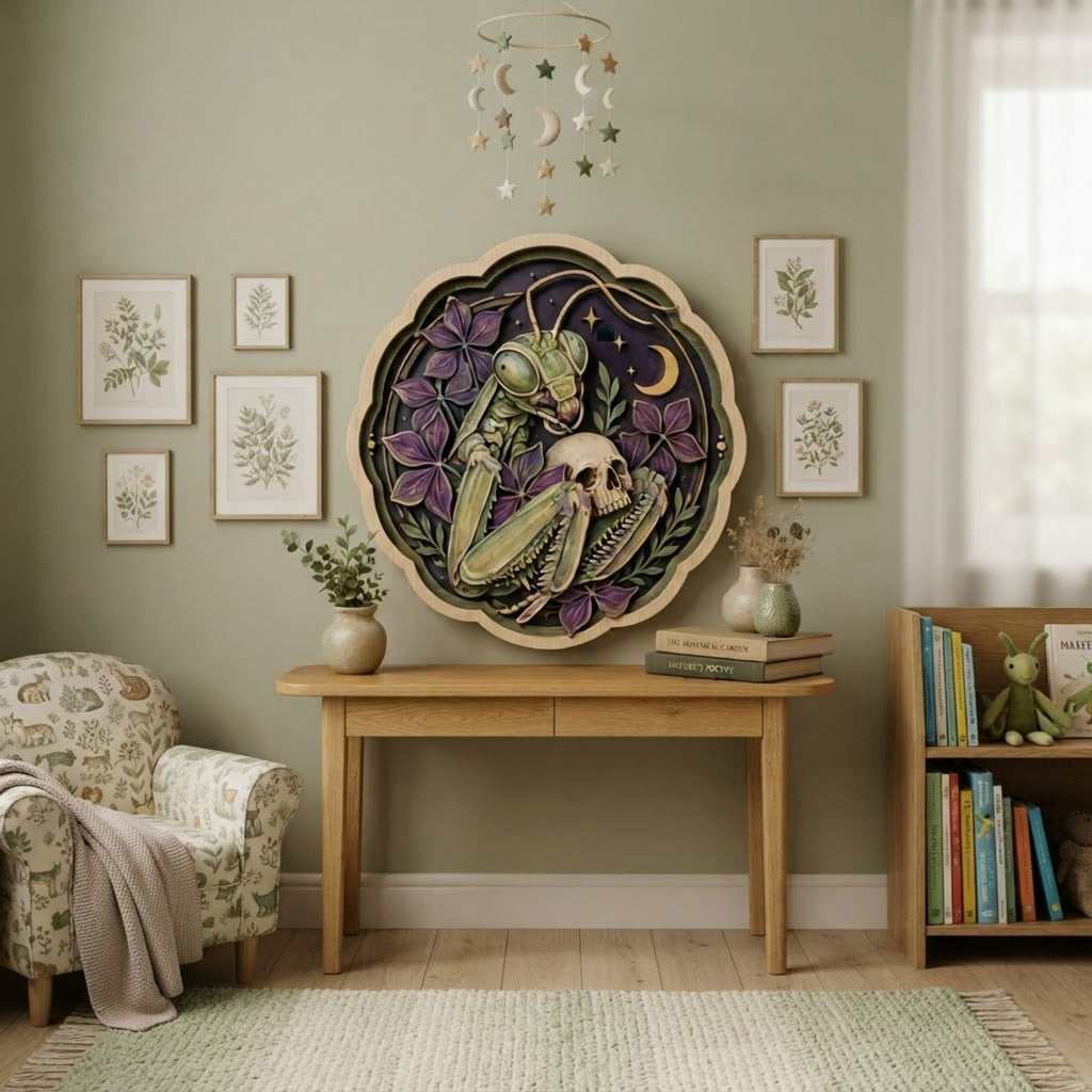 Gothic Praying Mantis Skull Wooden Sign - Dark Botanical Celestial Wall Decor