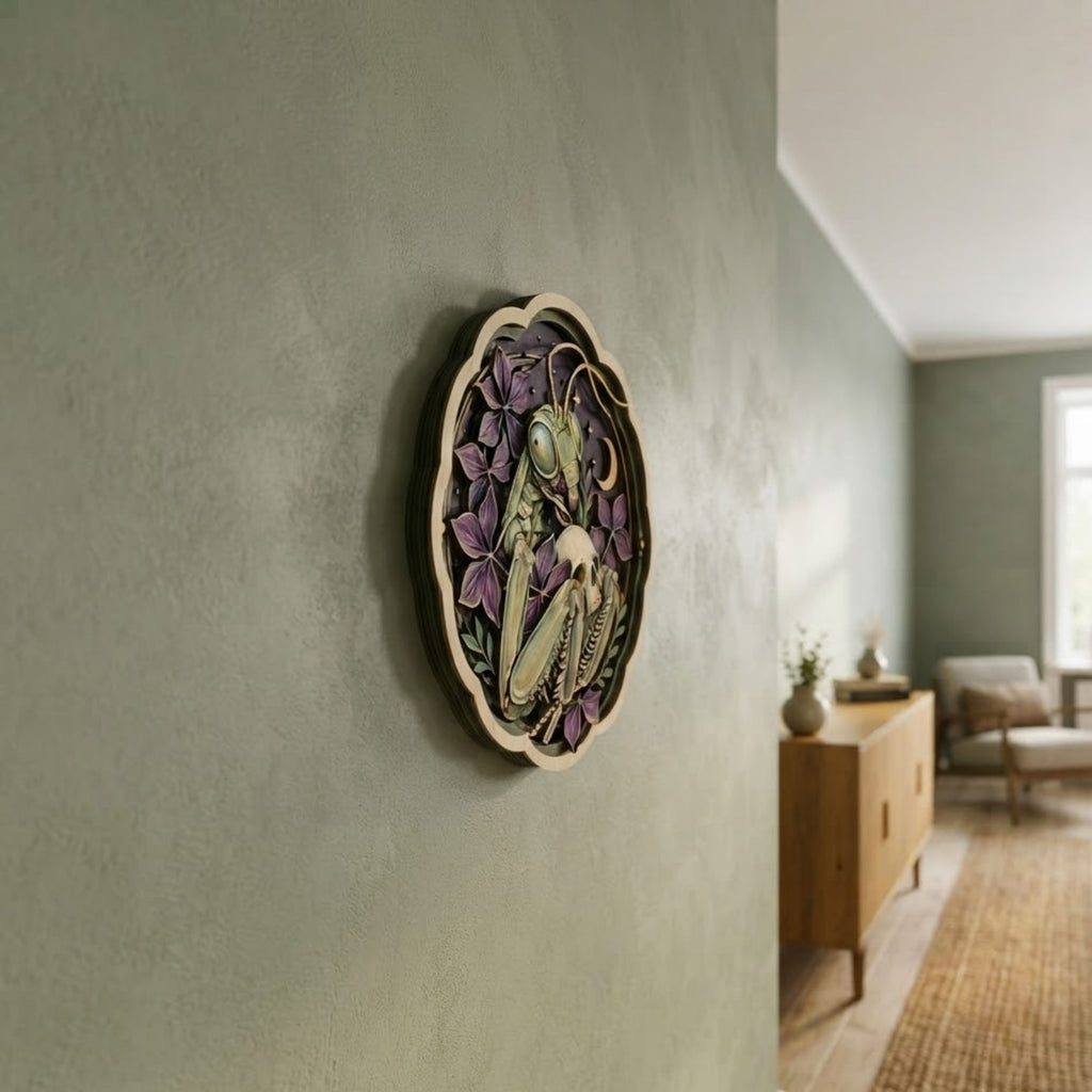 Gothic Praying Mantis Skull Wooden Sign - Dark Botanical Celestial Wall Decor