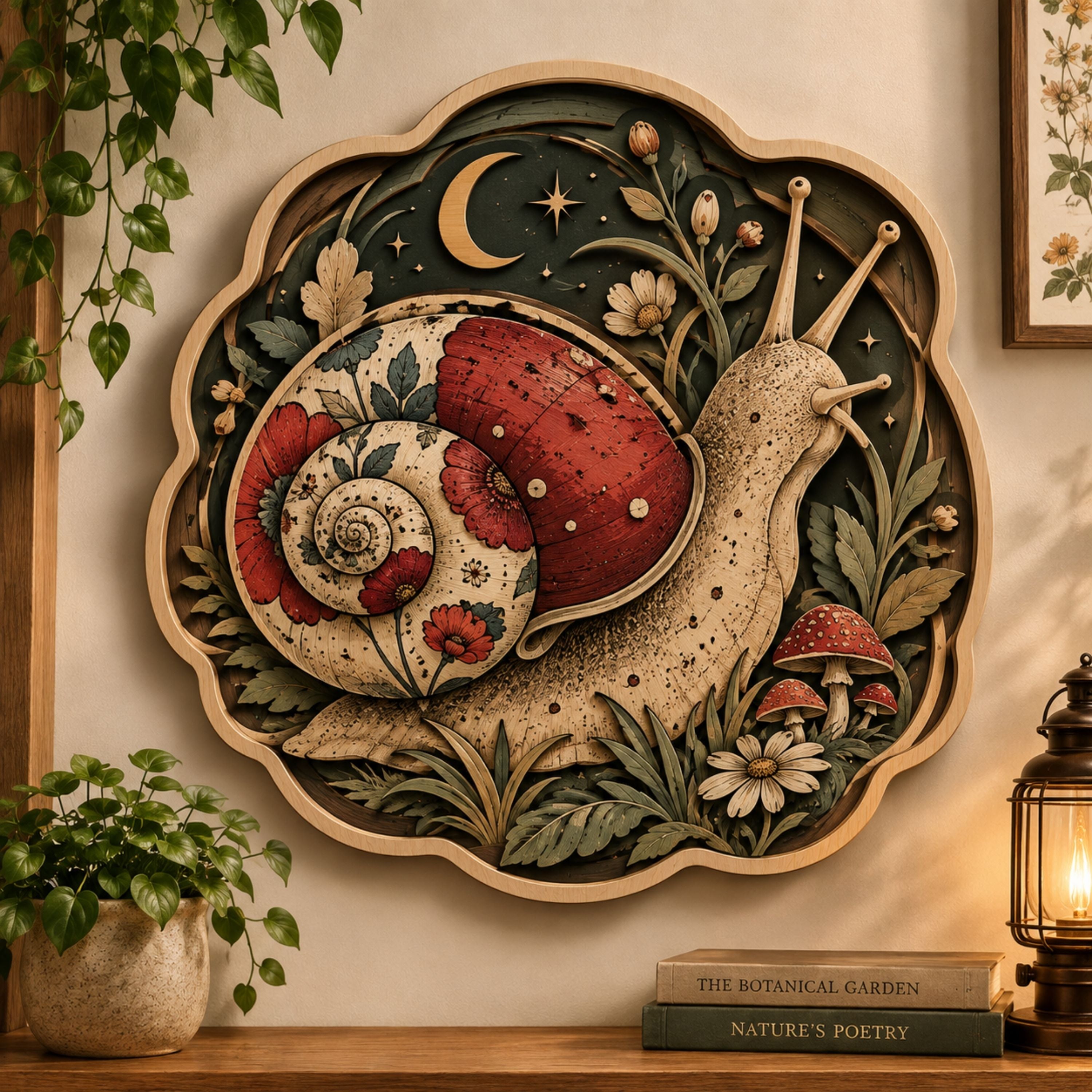 Floral Snail Moon Garden Wooden Sign - Cottagecore Mushroom Woodland Wall Decor