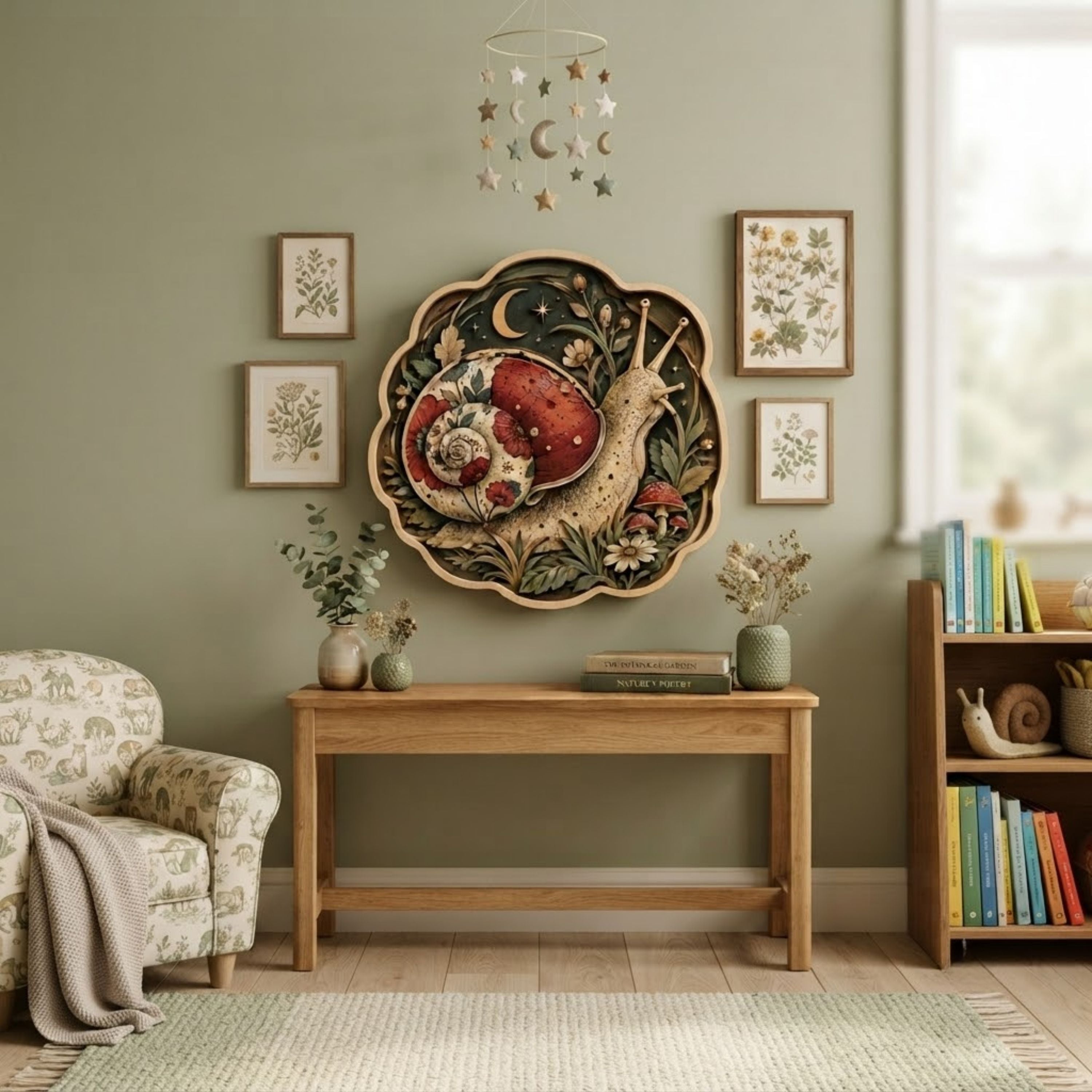 Floral Snail Moon Garden Wooden Sign - Cottagecore Mushroom Woodland Wall Decor