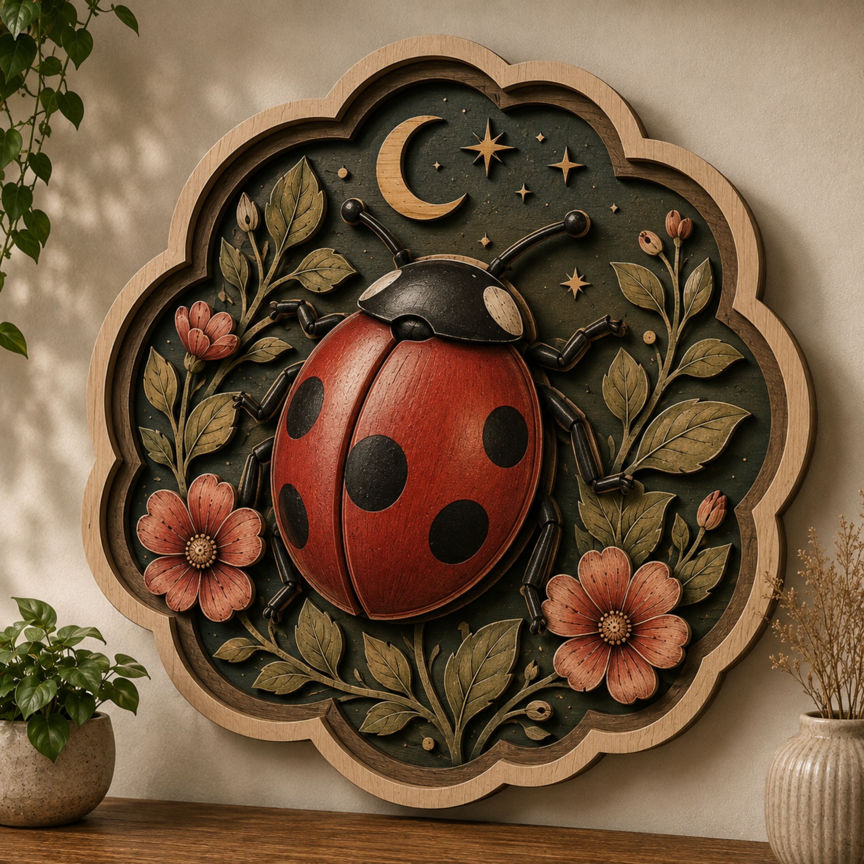 Celestial Ladybug Floral Wooden Sign - Cottagecore Botanical Insect Wall Decor