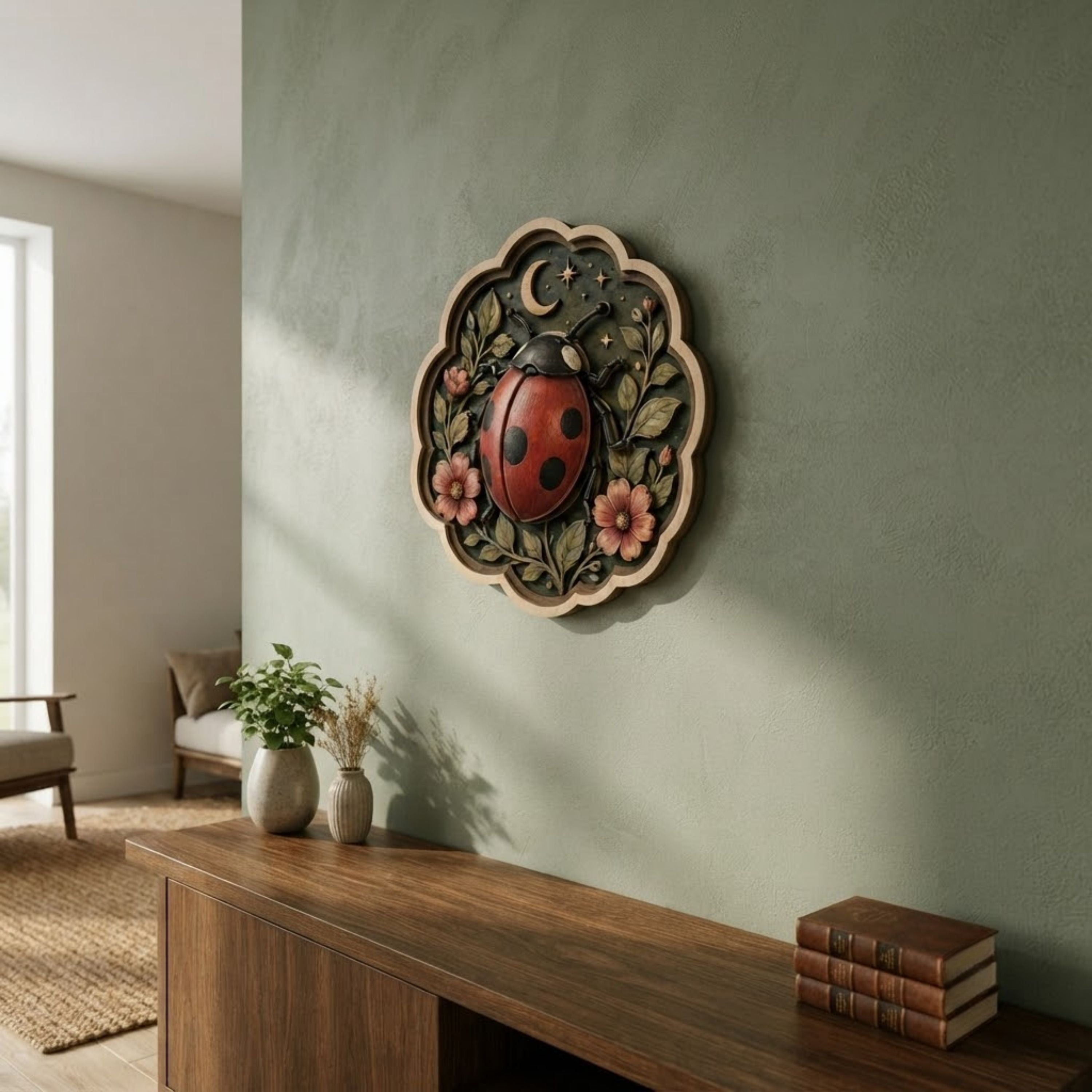 Celestial Ladybug Floral Wooden Sign - Cottagecore Botanical Insect Wall Decor