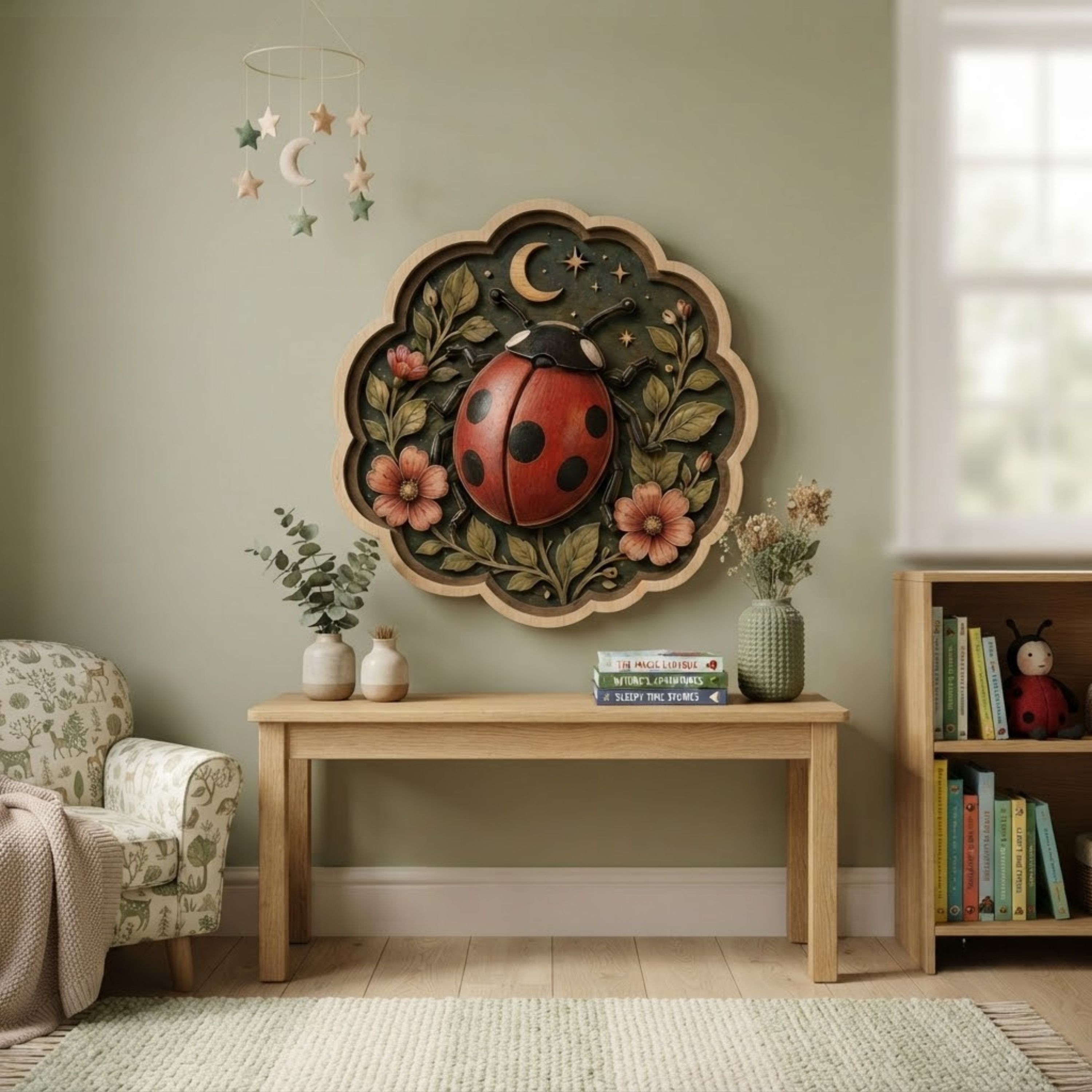 Celestial Ladybug Floral Wooden Sign - Cottagecore Botanical Insect Wall Decor