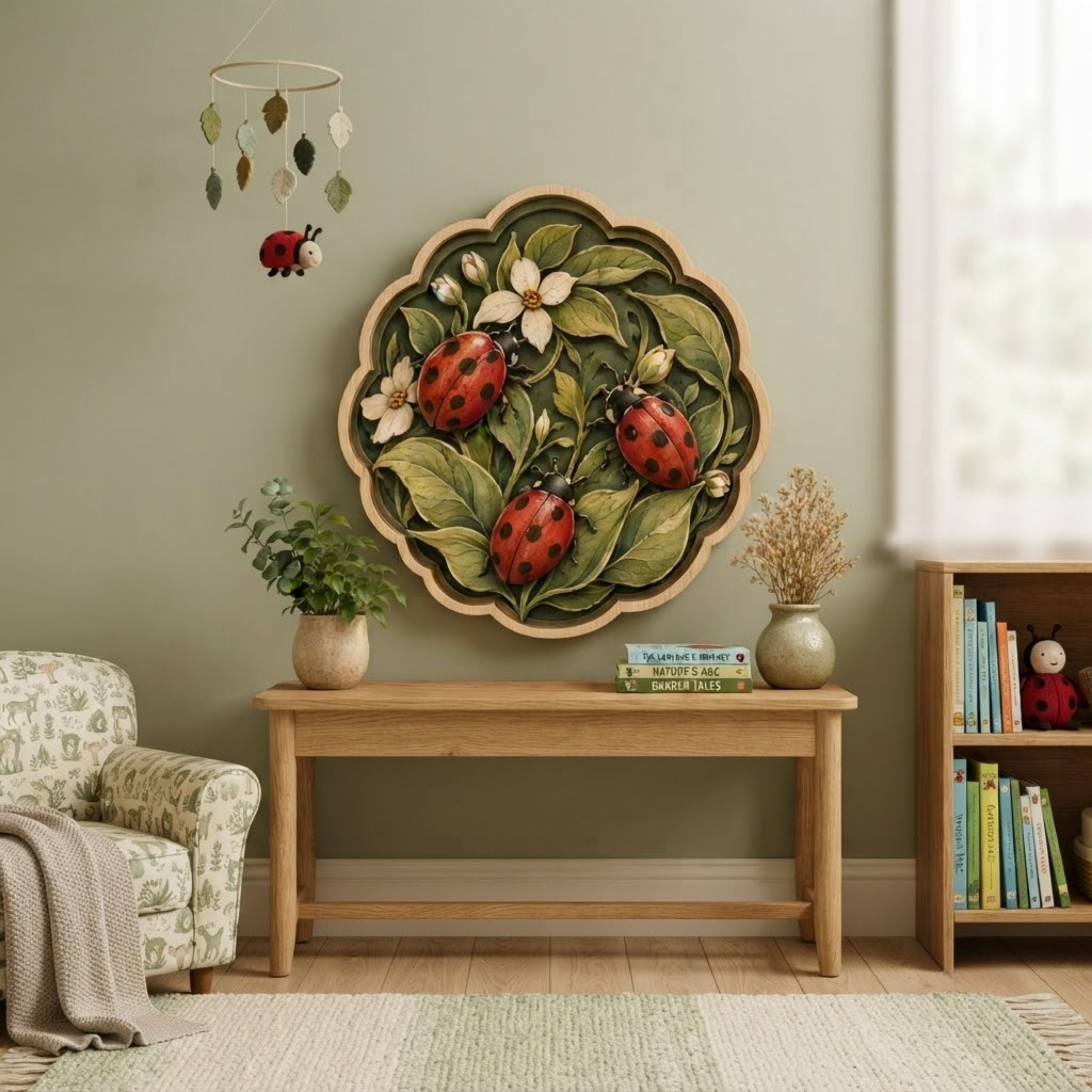 Three Ladybugs Garden Wooden Sign - Cottagecore Botanical Insect Wall Decor