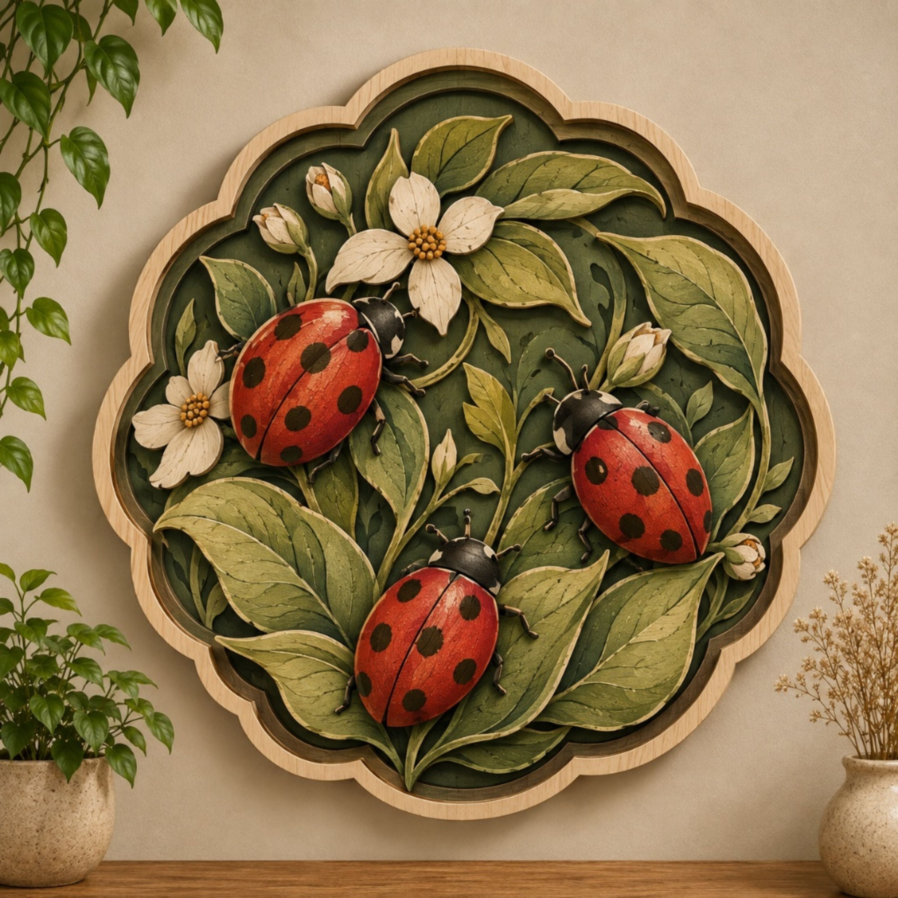 Three Ladybugs Garden Wooden Sign - Cottagecore Botanical Insect Wall Decor