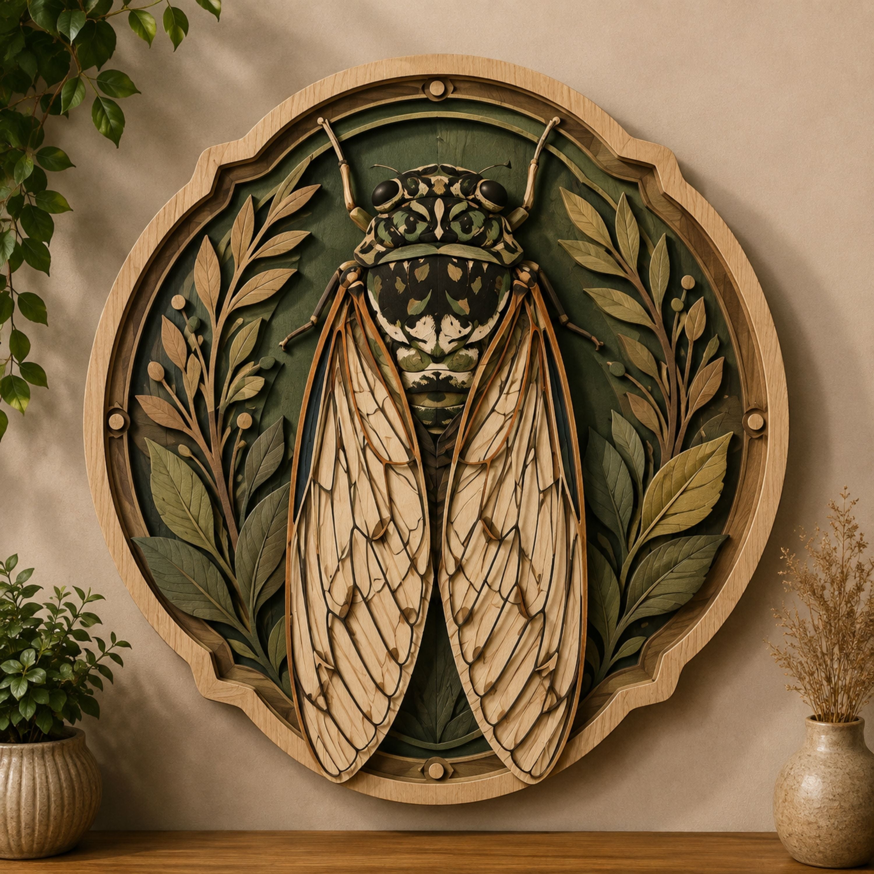 Botanical Cicada Wooden Sign - Cottagecore Nature-Inspired Insect Wall Decor