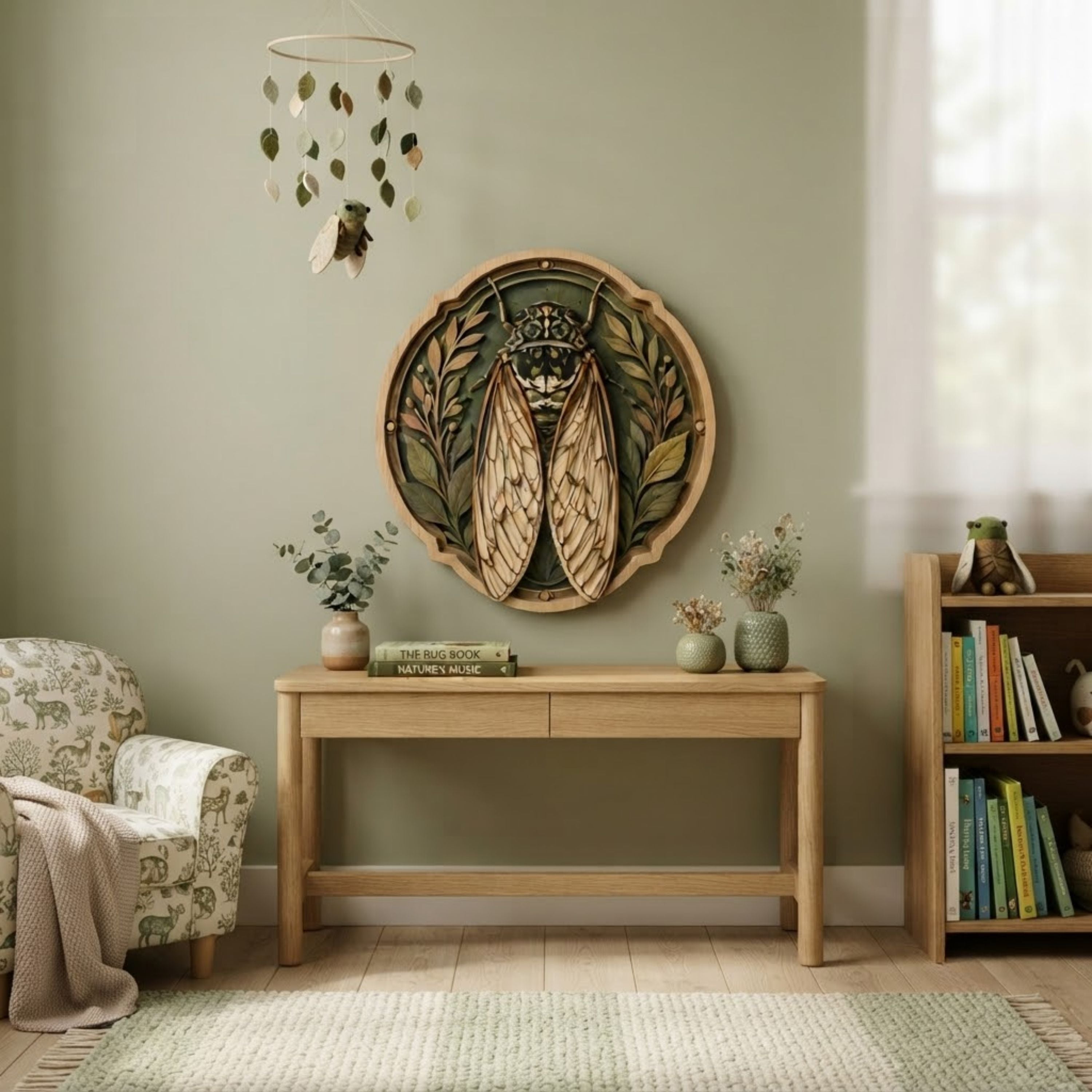 Botanical Cicada Wooden Sign - Cottagecore Nature-Inspired Insect Wall Decor