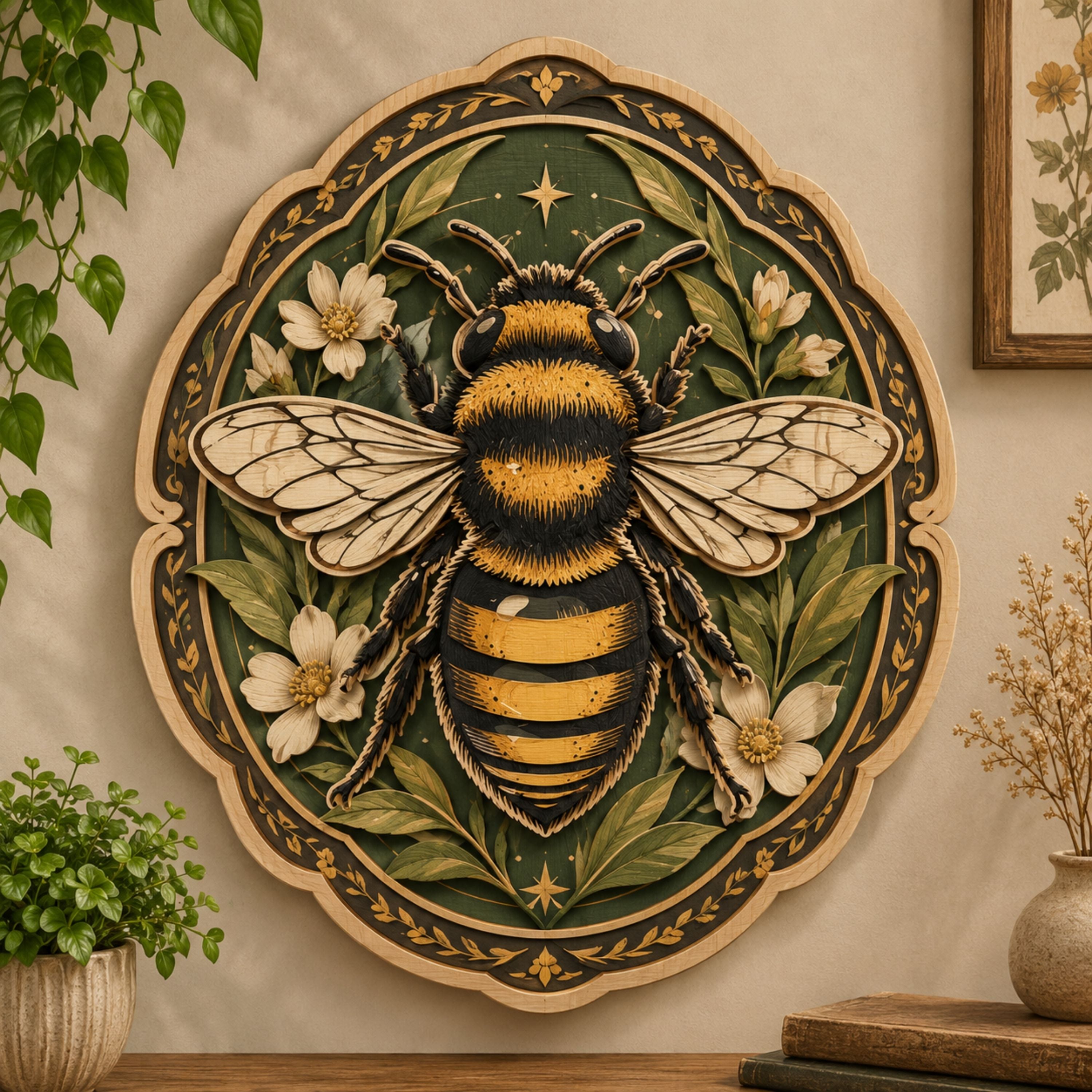 Botanical Bumblebee Floral Wooden Sign - Cottagecore Garden Insect Wall Decor