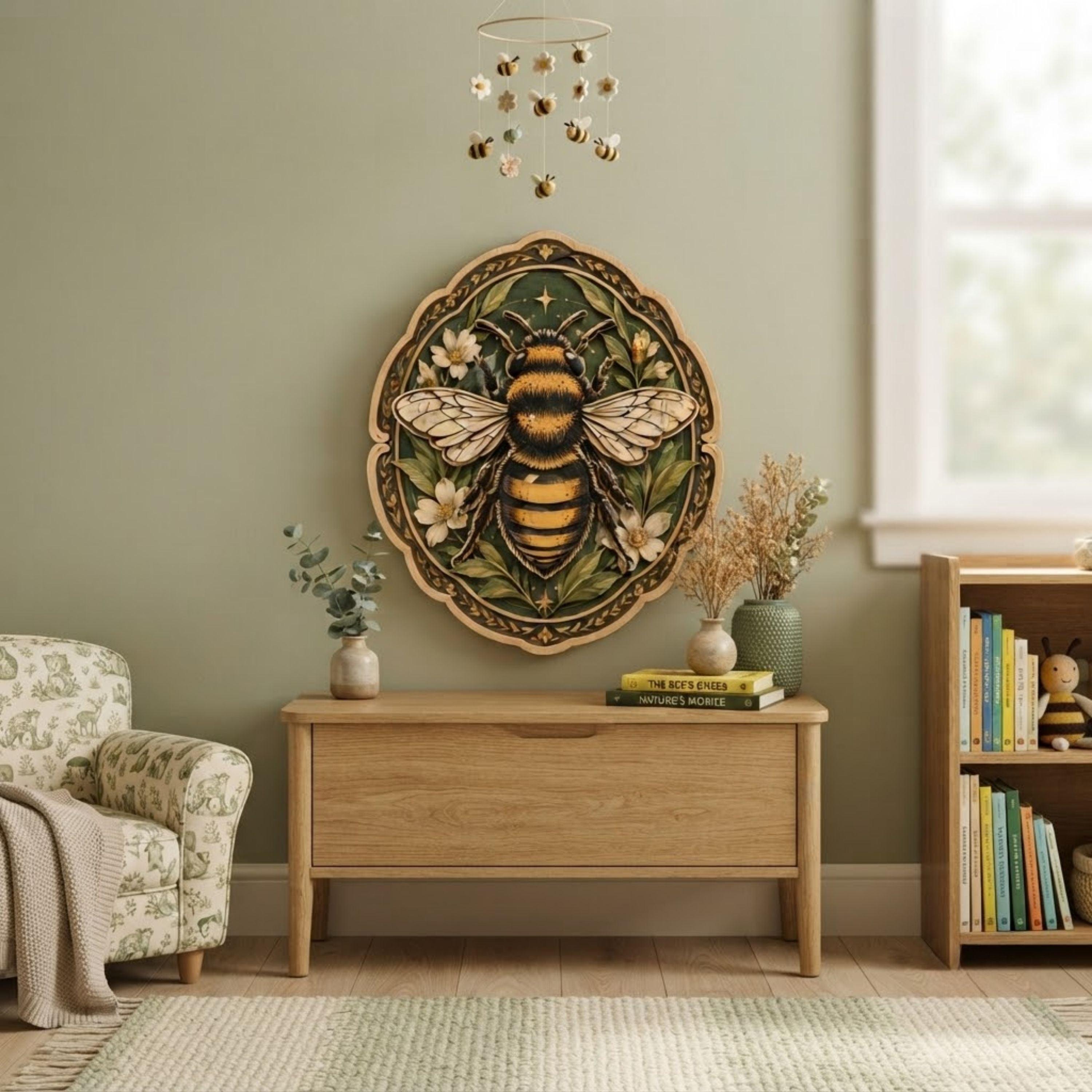 Botanical Bumblebee Floral Wooden Sign - Cottagecore Garden Insect Wall Decor
