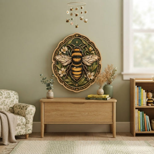 Botanical Bumblebee Floral Wooden Sign - Cottagecore Garden Insect Wall Decor