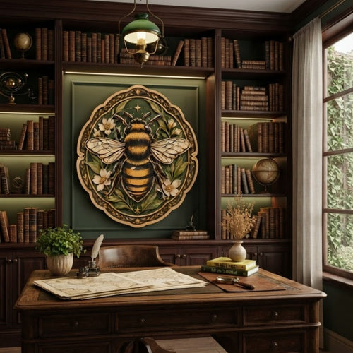 Botanical Bumblebee Floral Wooden Sign - Cottagecore Garden Insect Wall Decor