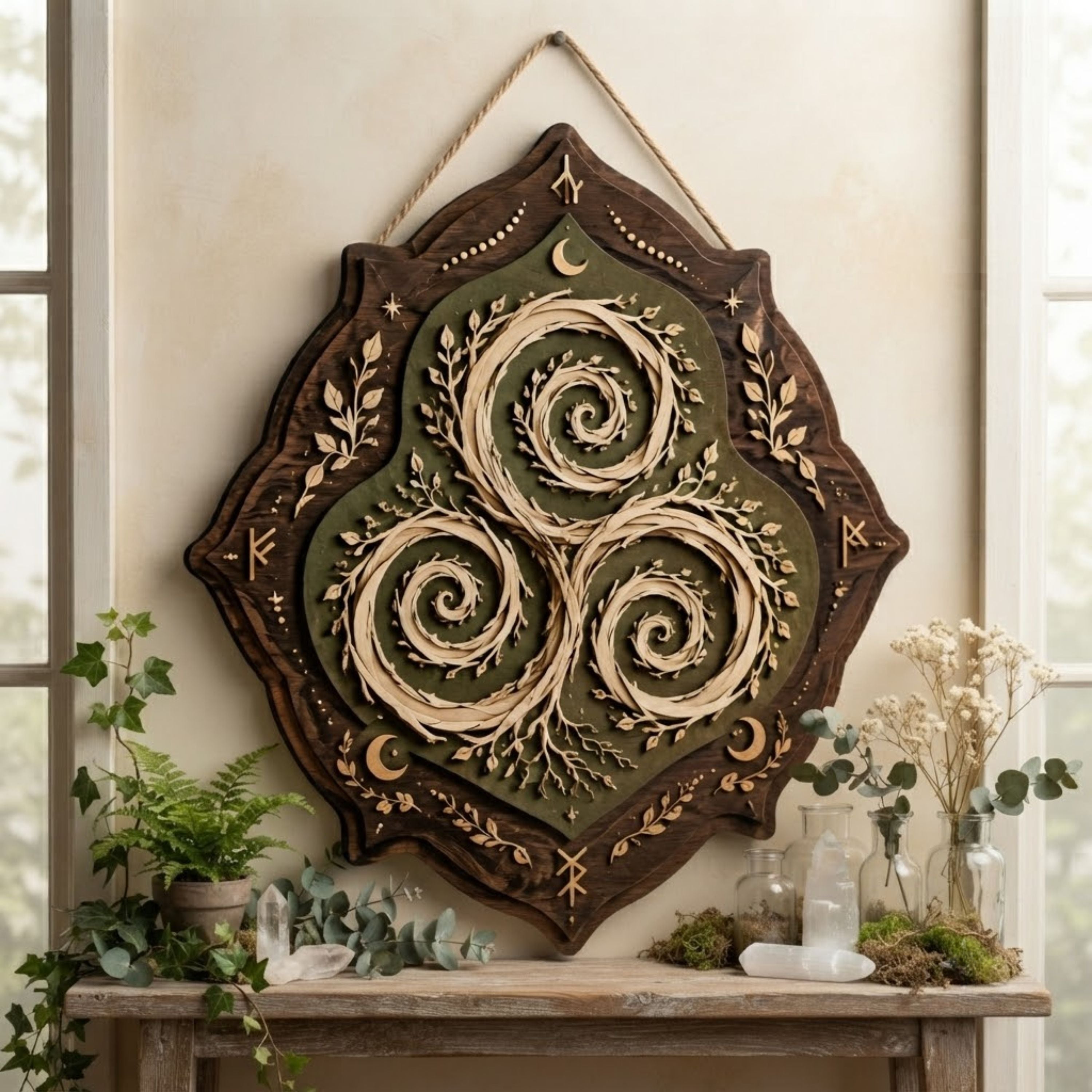 Celtic Triskele Wooden Sign - Mystical Nature Wall Decor with Spiral Vines, Crescent Moons & Runes