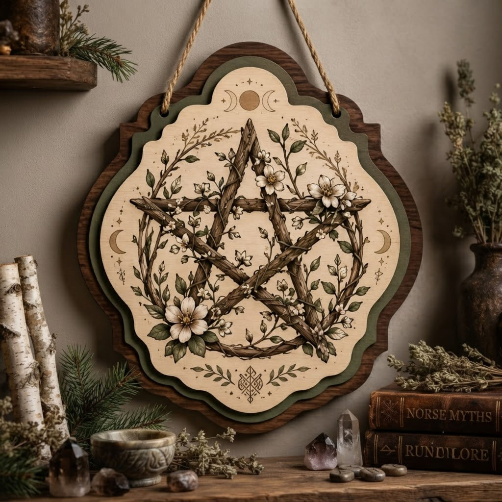 Woodland Floral Pentacle Wooden Sign - Rustic Witchy Wall Decor with Branches, Wildflowers & Triple Moon